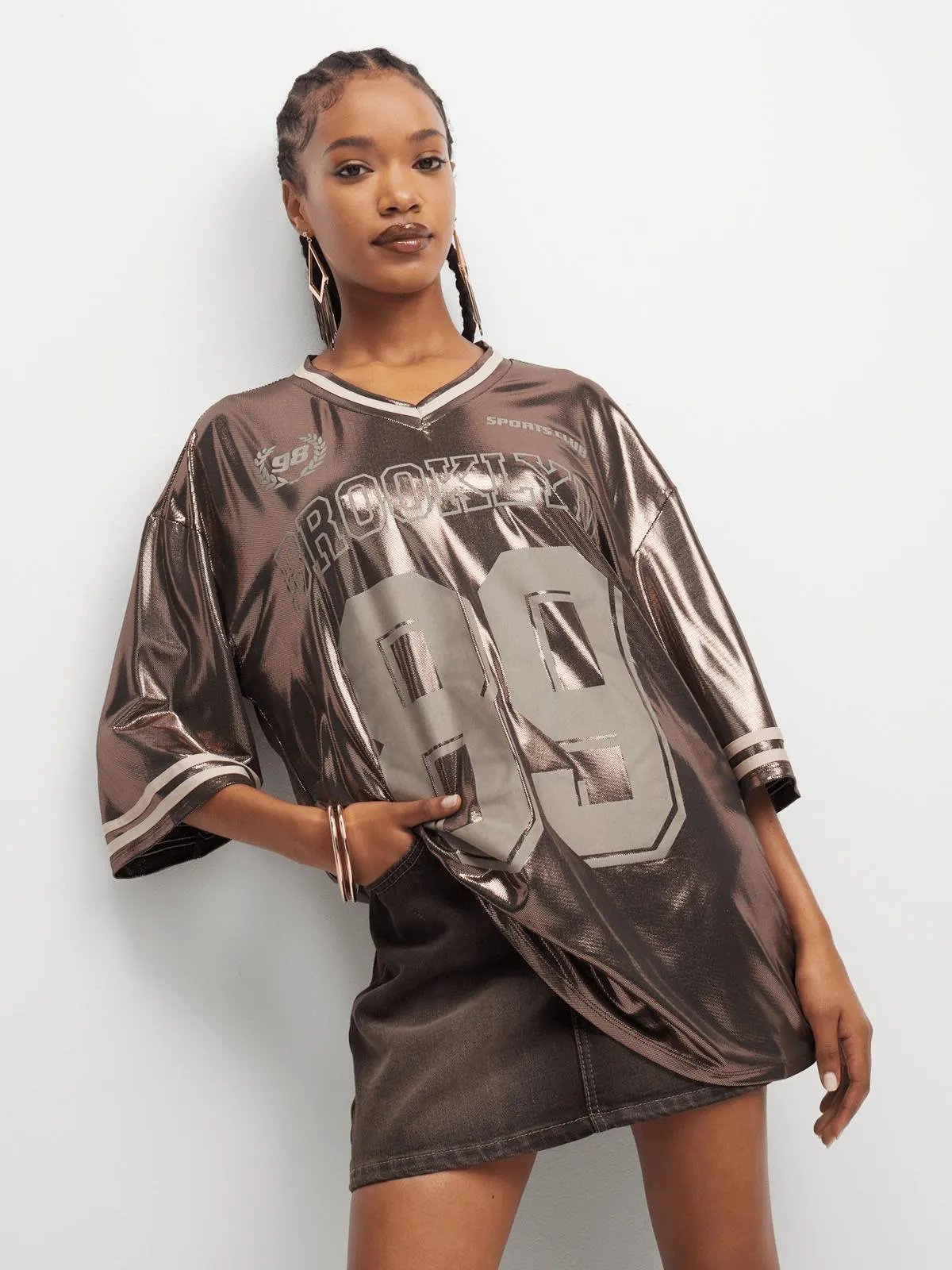 The FIX Women's Brown Wet-Look Oversized Graphic Top