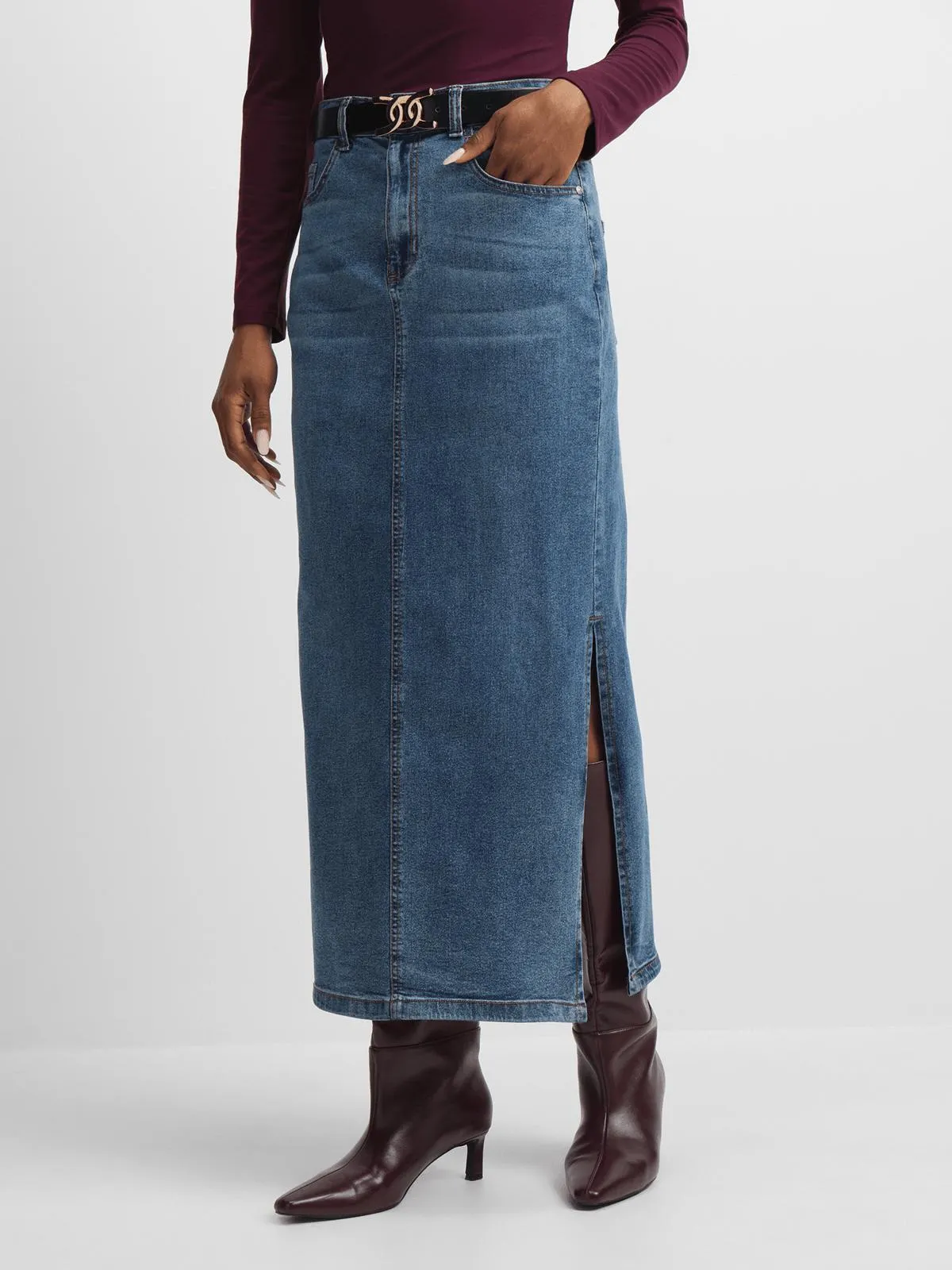 Exact Women's Mid Wash Long Denim Skirt