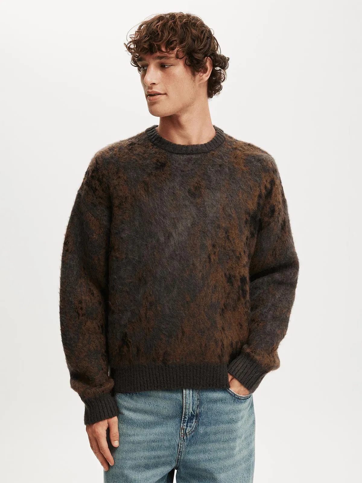 Men's Cotton On Grey Box Fit Fuzzy Crew Knit