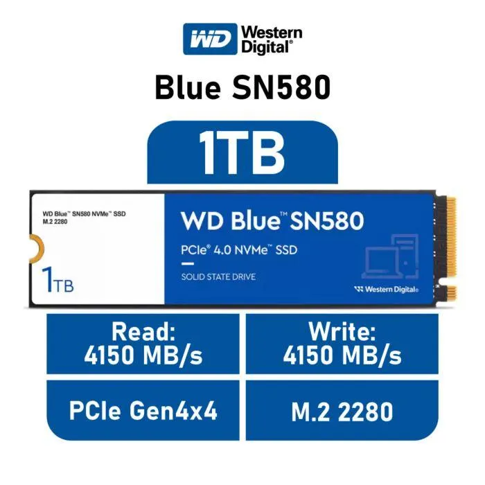 Western Digital Blue SN580 1TB PCIe Gen4x4 WDS100T3B0E M.2 2280 Solid State Drive