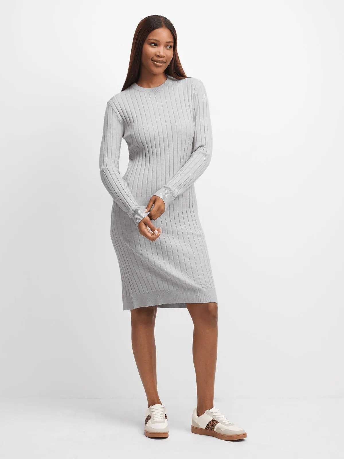 Exact Women's Grey Melange Ribbed Dress