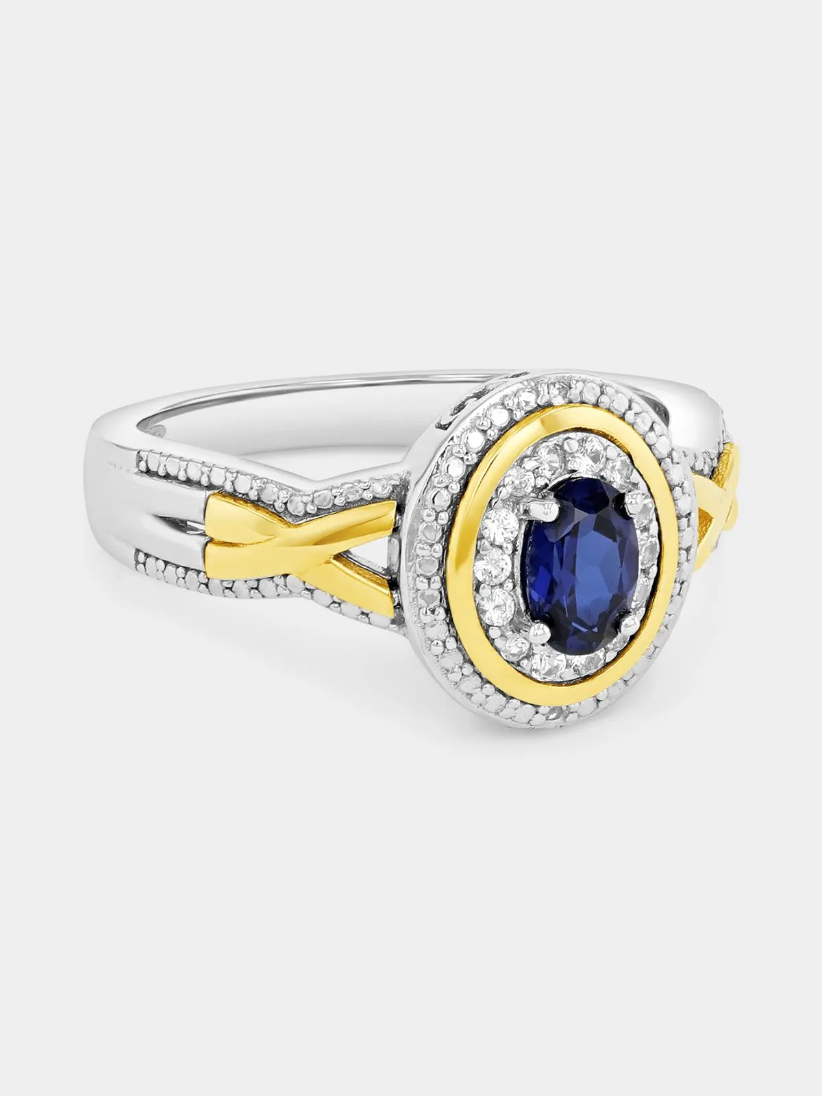 Yellow Gold & Sterling Silver Blue Sapphire Oval Double Halo Ring