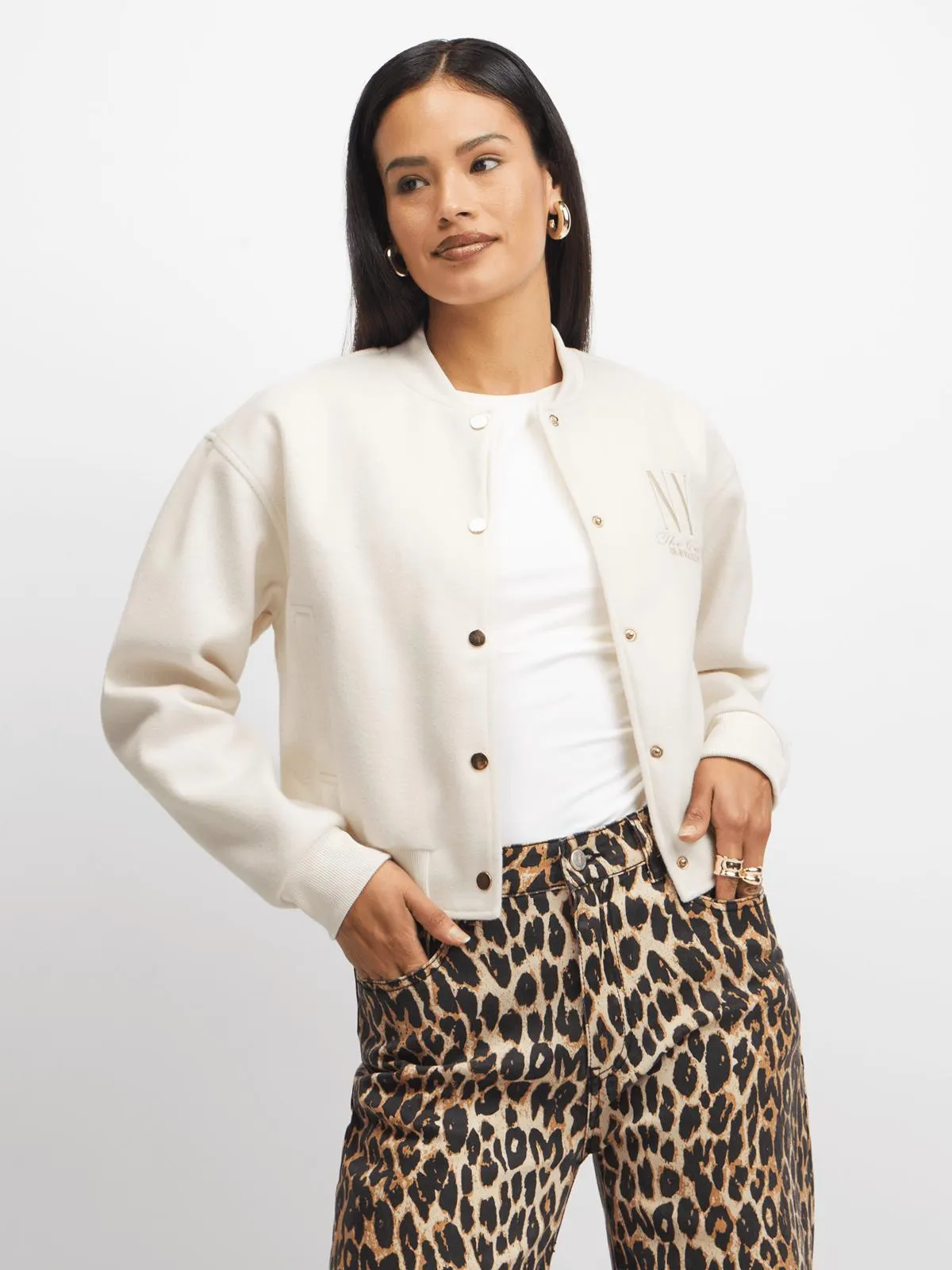Exact Women's Cream Varsity Bomber Jacket