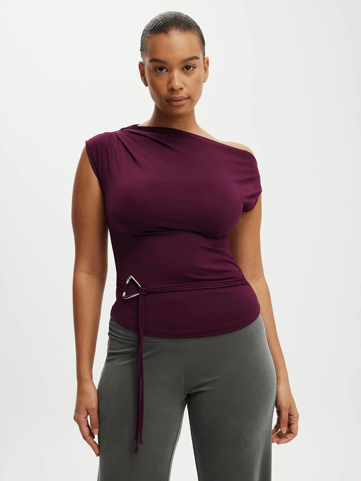 Women's Cotton On Burgundy Georgie Off Shoulder Belt Top