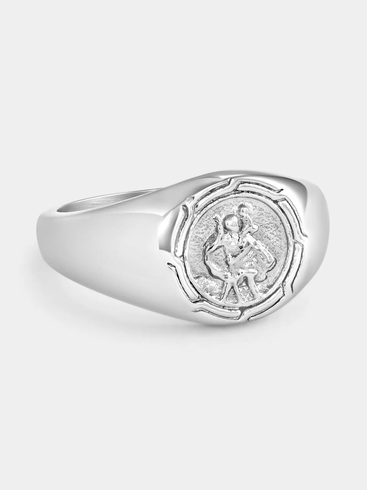 Stainless Steel Round Saint Christopher Signet Ring