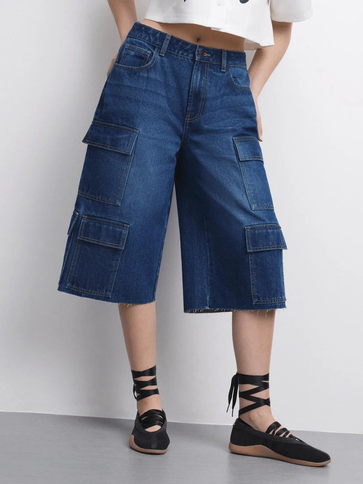 The FIX Women's Dark Wash Utility Bermuda Long Denim Shorts