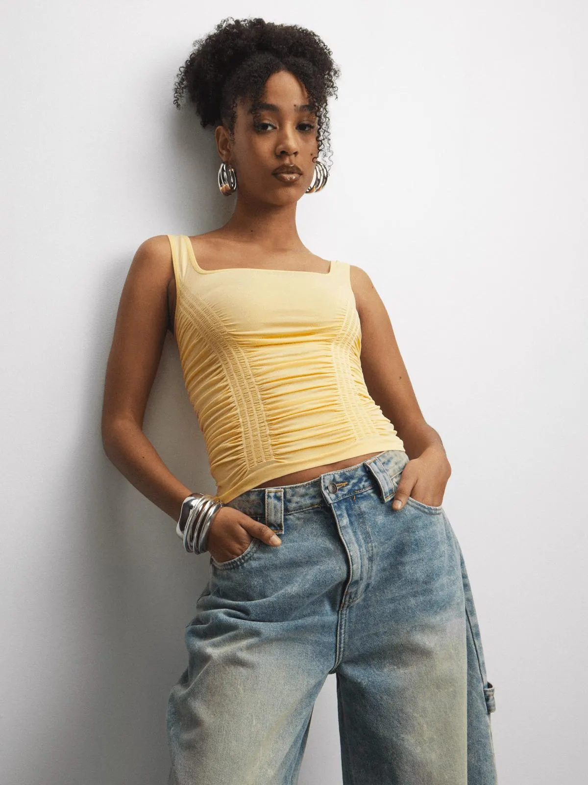 The FIX Women's Yellow Seamless Ruched Cami Top