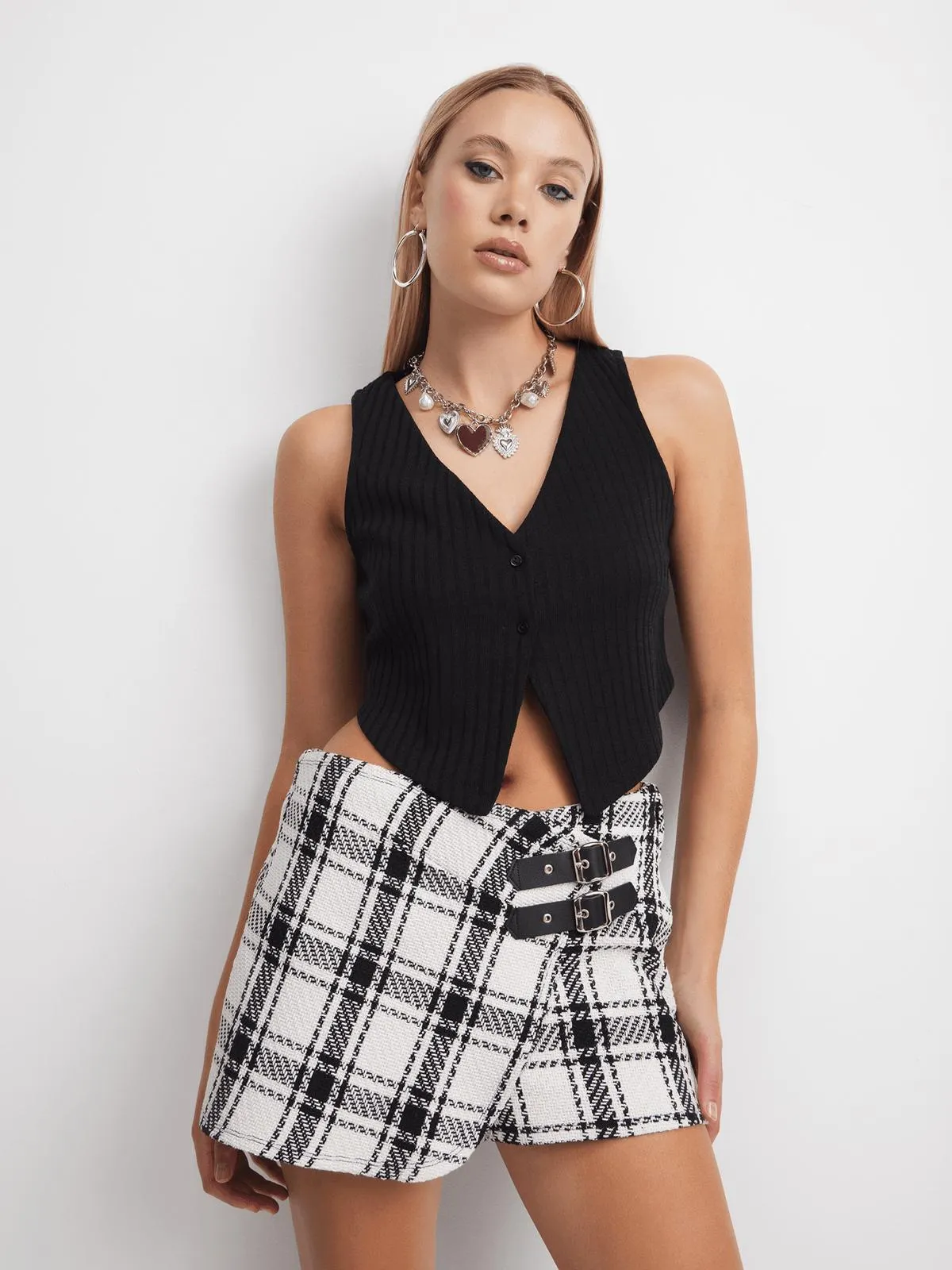 Women's Black & White Short With Double Buckle Detail
