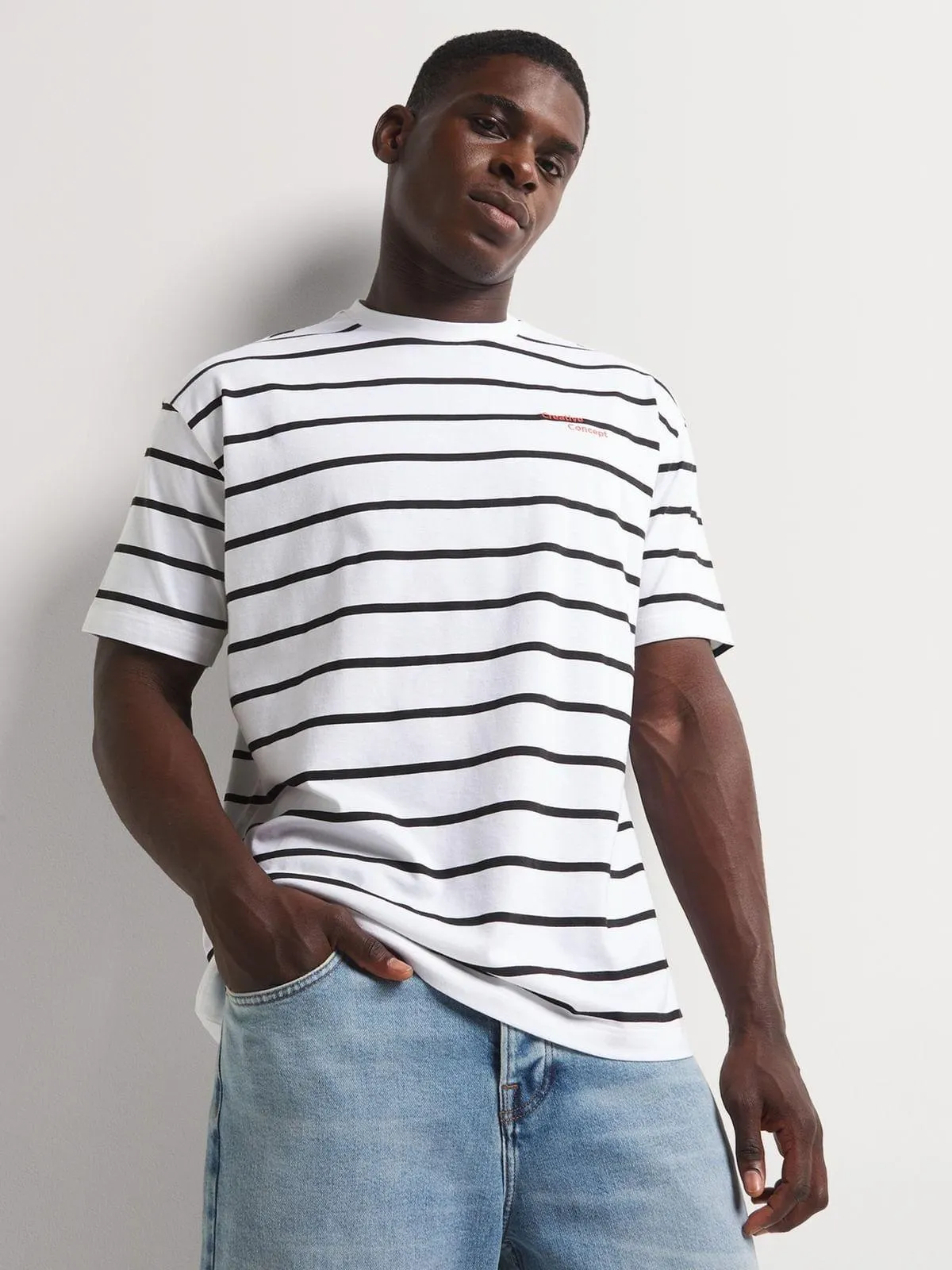 Markham Men's Embroidered Stripe Cotton White T-Shirt