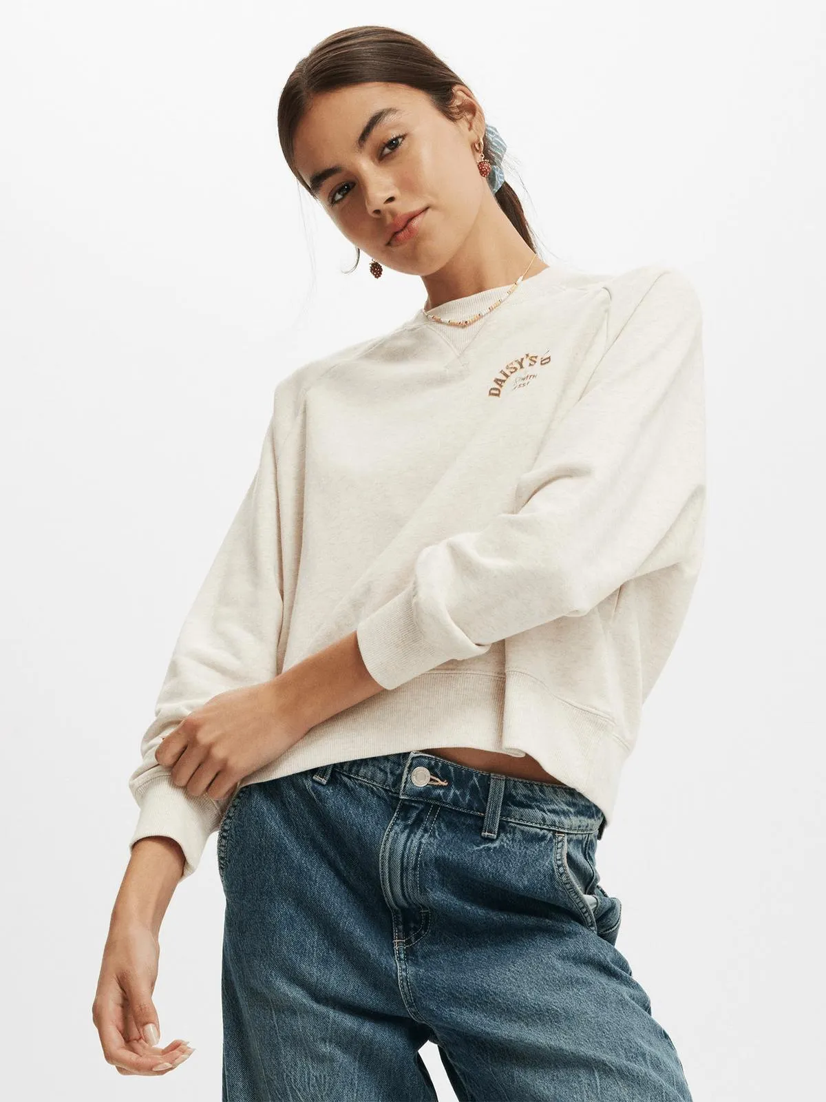 Women's Cotton On Beige Classic Fleece Graphic Raglan Sweatshirt