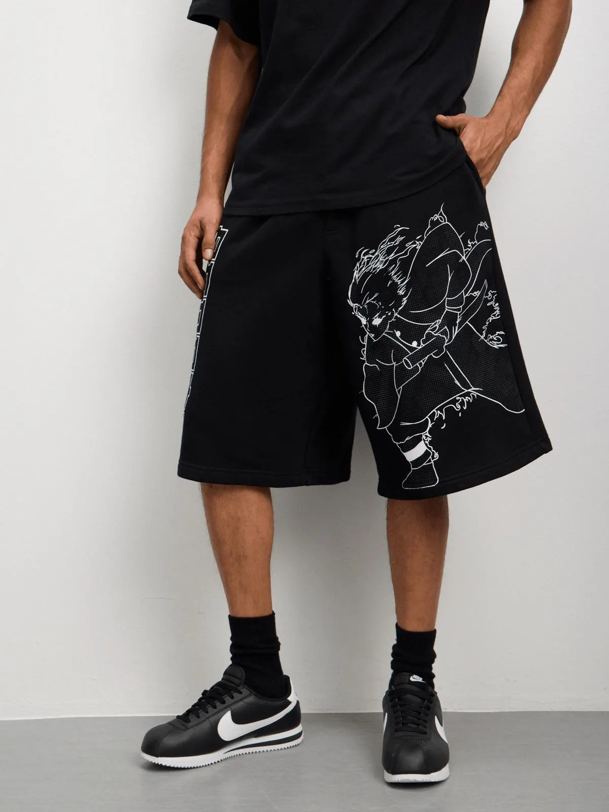 Redbat Men's Anime Graphic Fleece Black Shorts