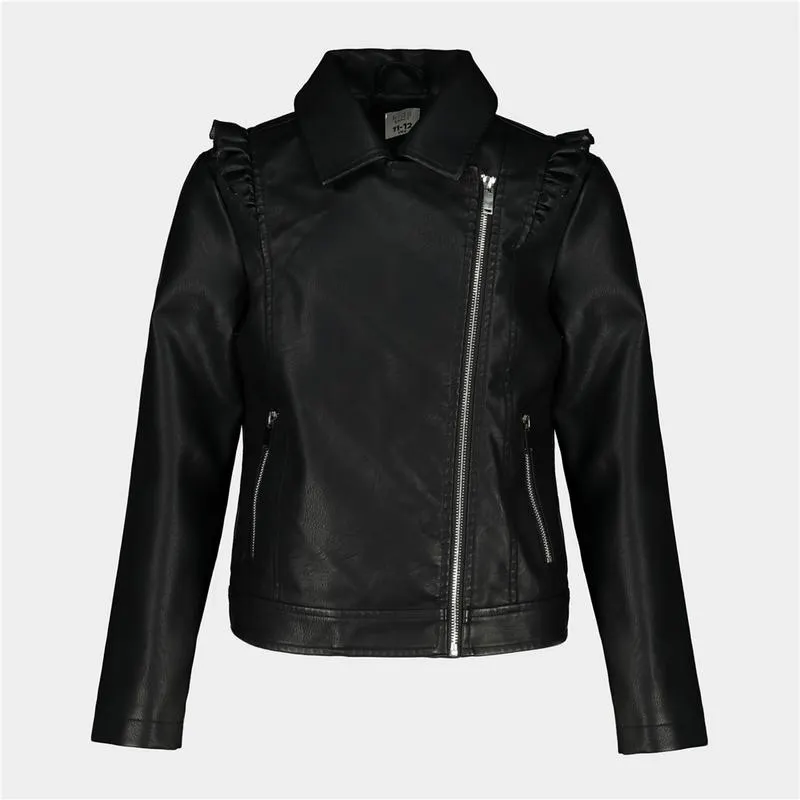 Younger Girl's Black Ruffle Sleeve Biker Jacket