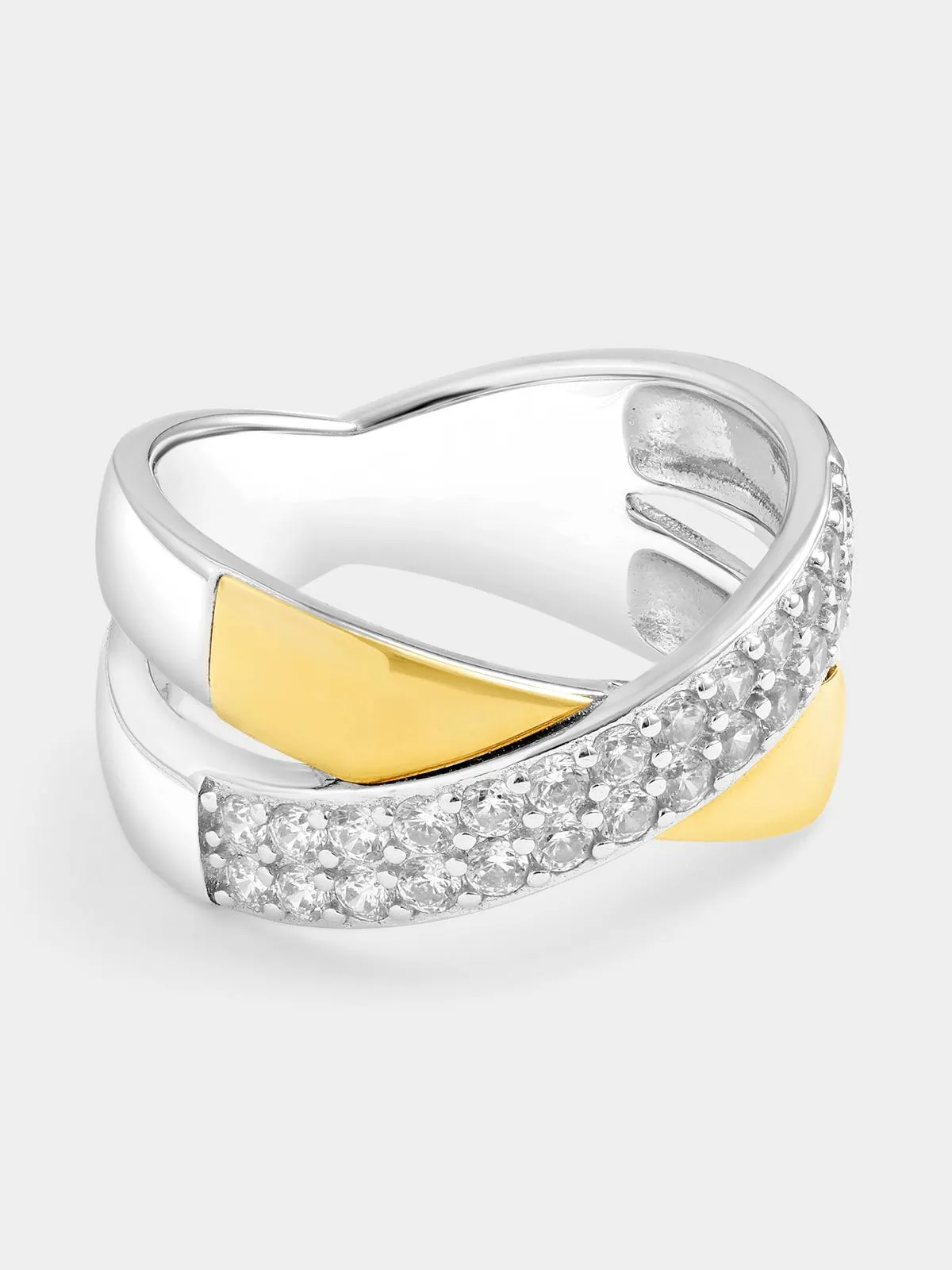 Yellow Gold & Sterling Silver Cubic Zirconia Cross Over Ring