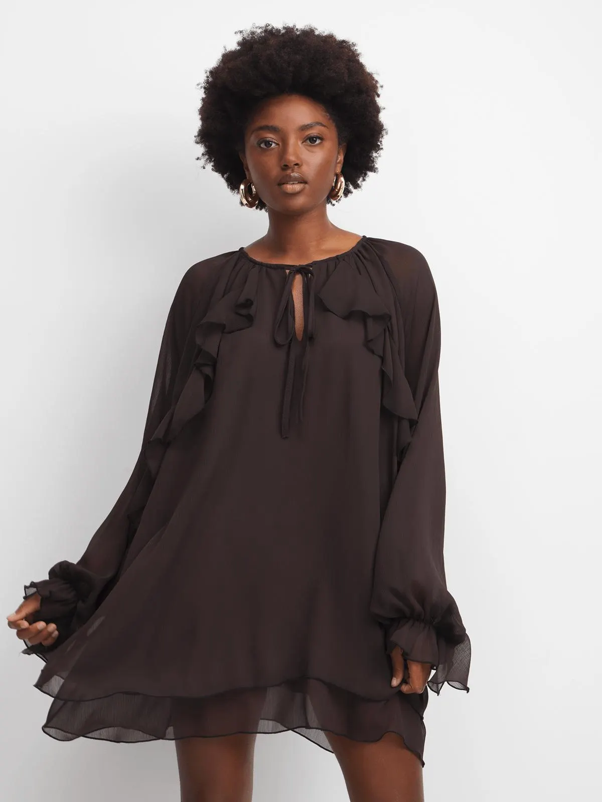 The FIX Women's Brown Boho Ruffle Mini Dress