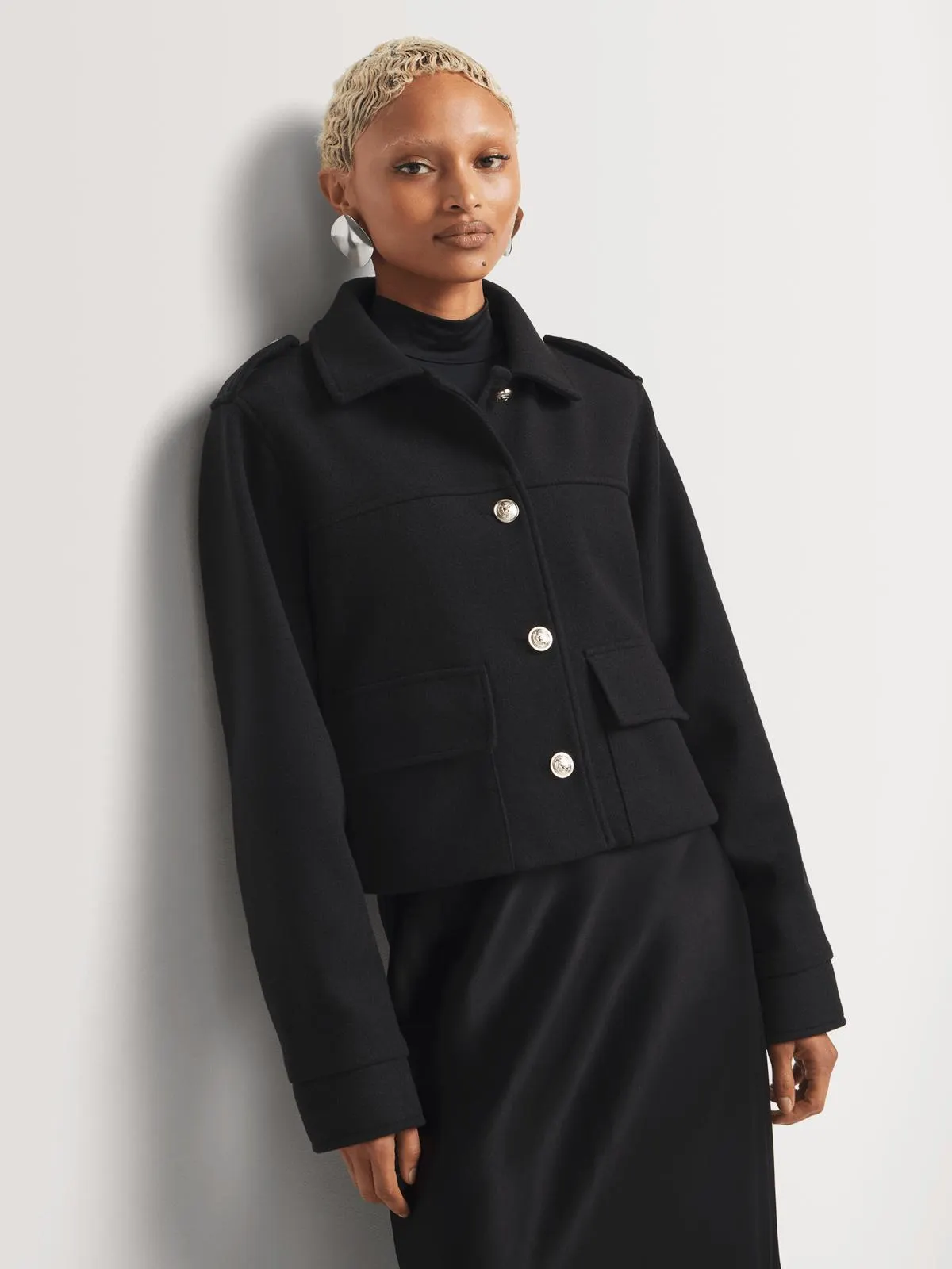 Gold Buttons Cropped Melton Shacket