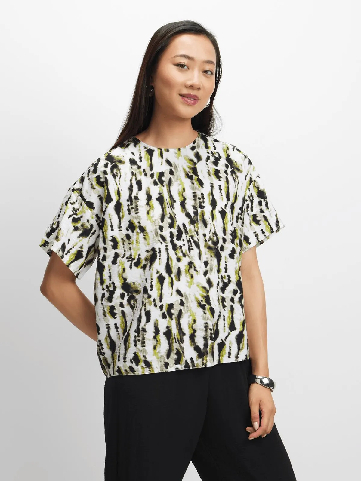 Exact Women's Green Abstract Boxy T-Shirt