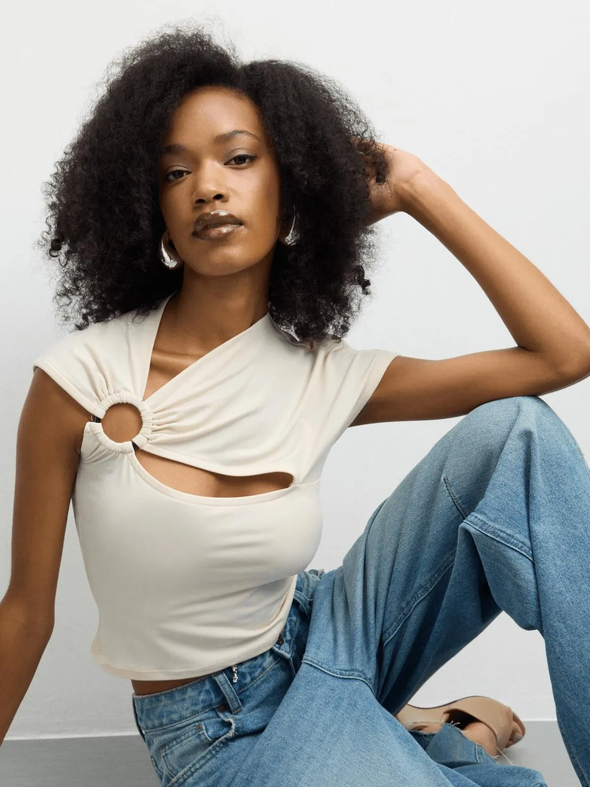 The FIX Women's White ITY Asym Top with Cut-out and Ruching