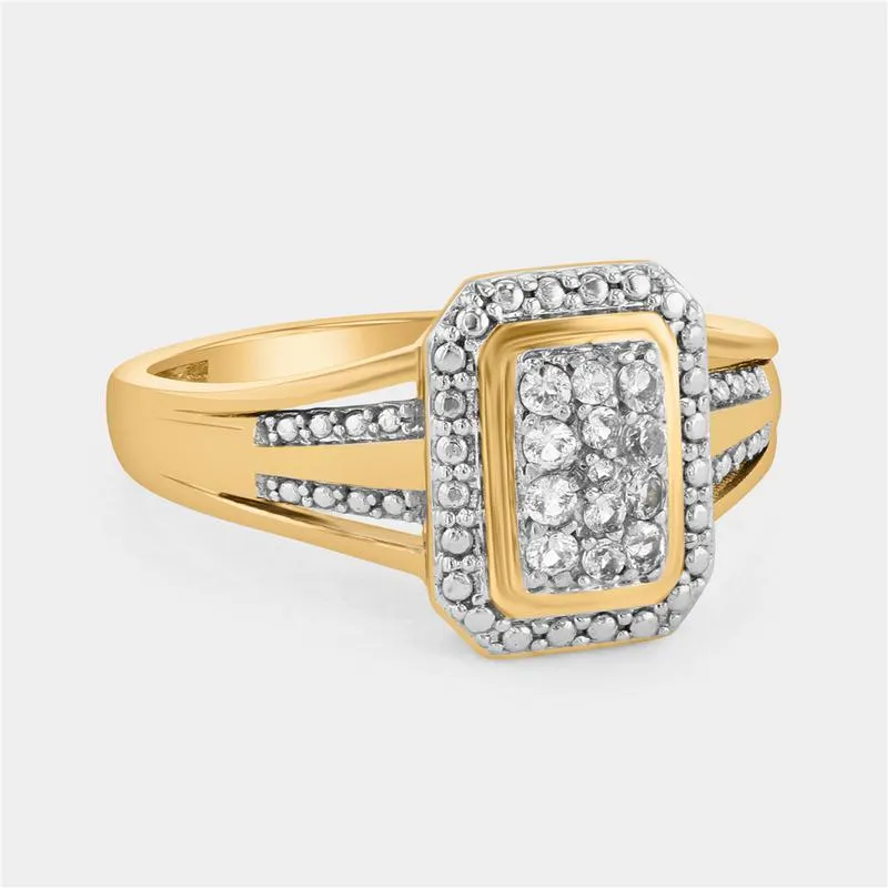 Yellow Gold Diamond & Created Sapphire Rectangle Halo Ring