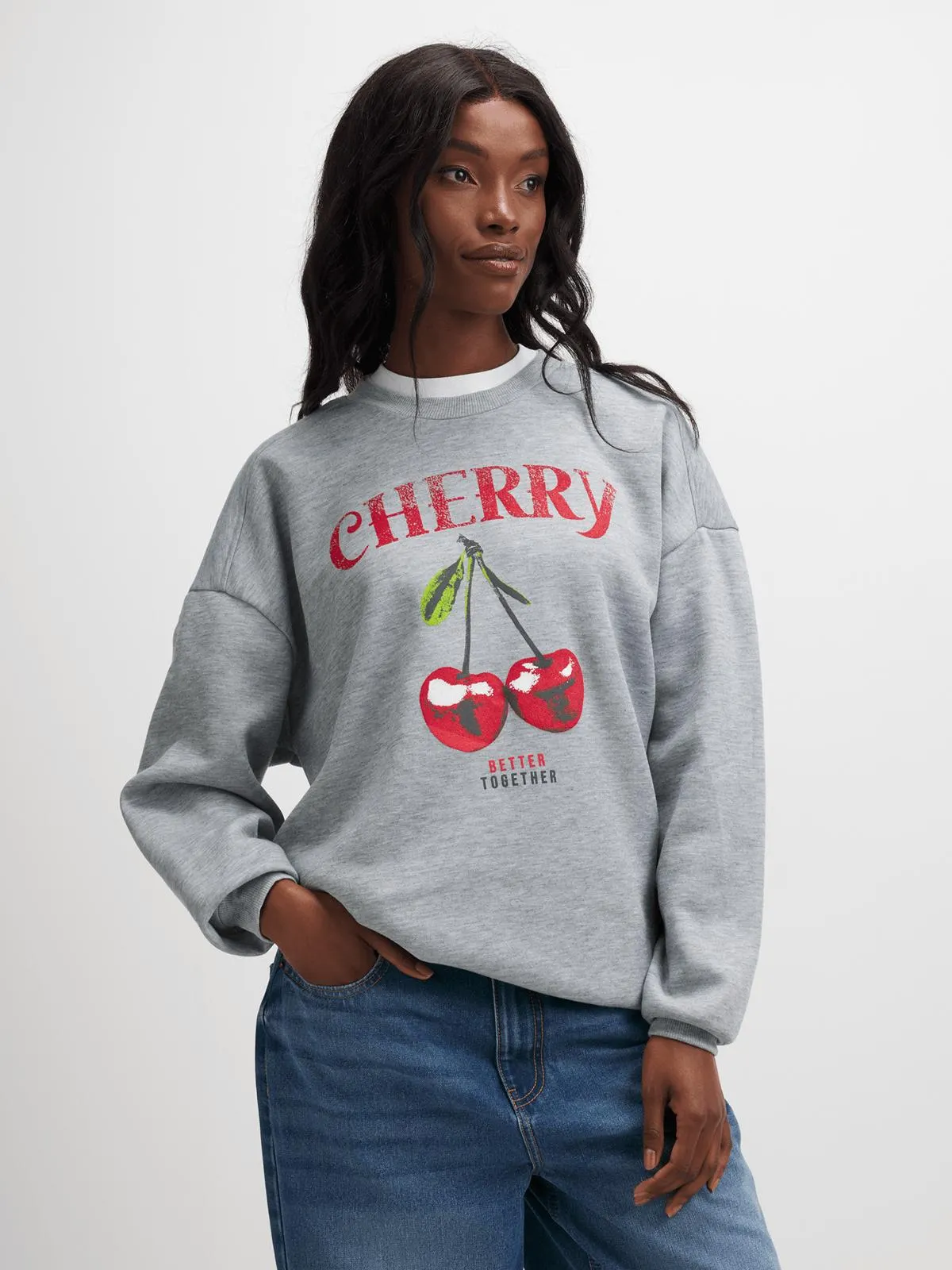 Exact Women's Grey Oversized Graphic Sweat Top