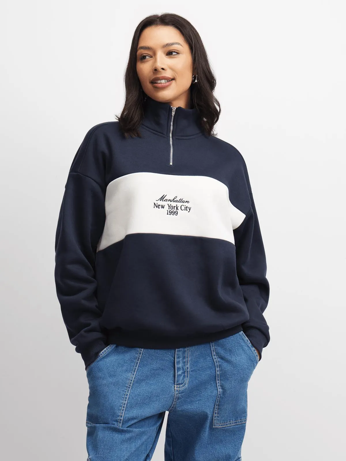 Women's Navy & White Quarter Zip Graphic Sweat Top