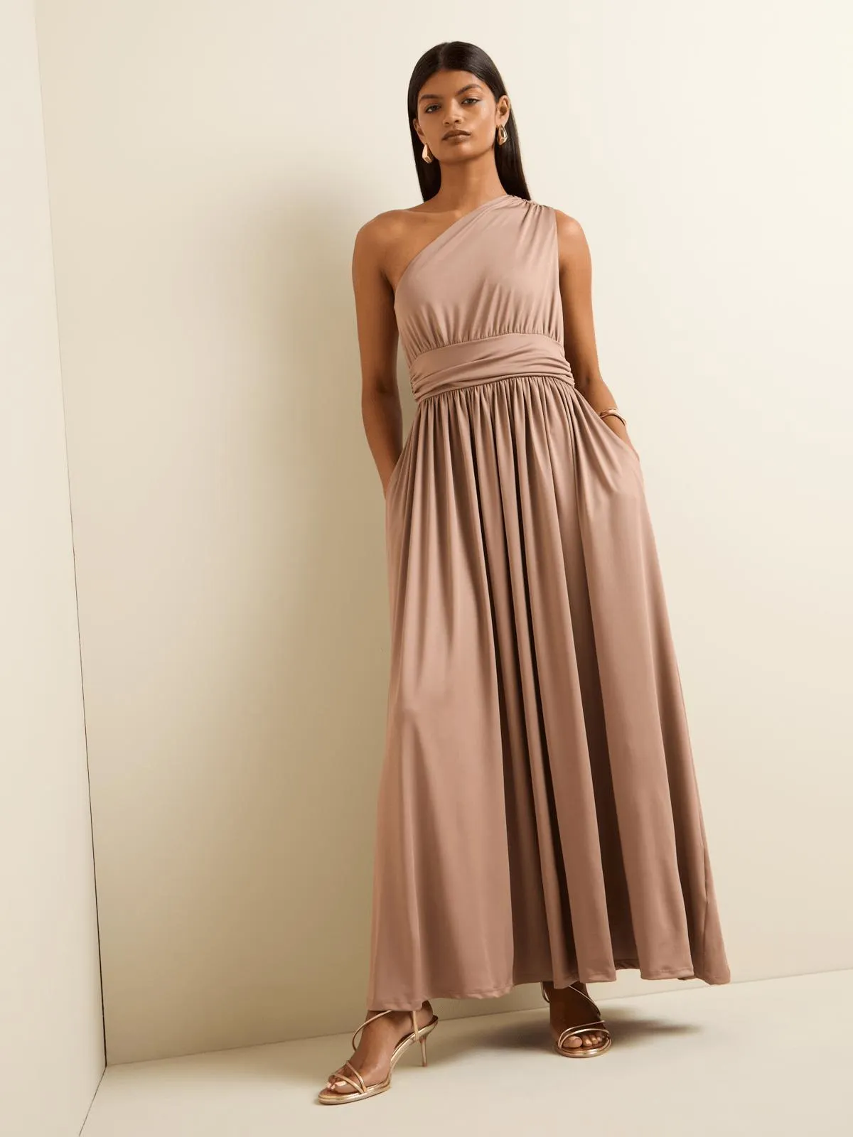 Women's Iconography Waisted One Shoulder Maxi Dress Mocha