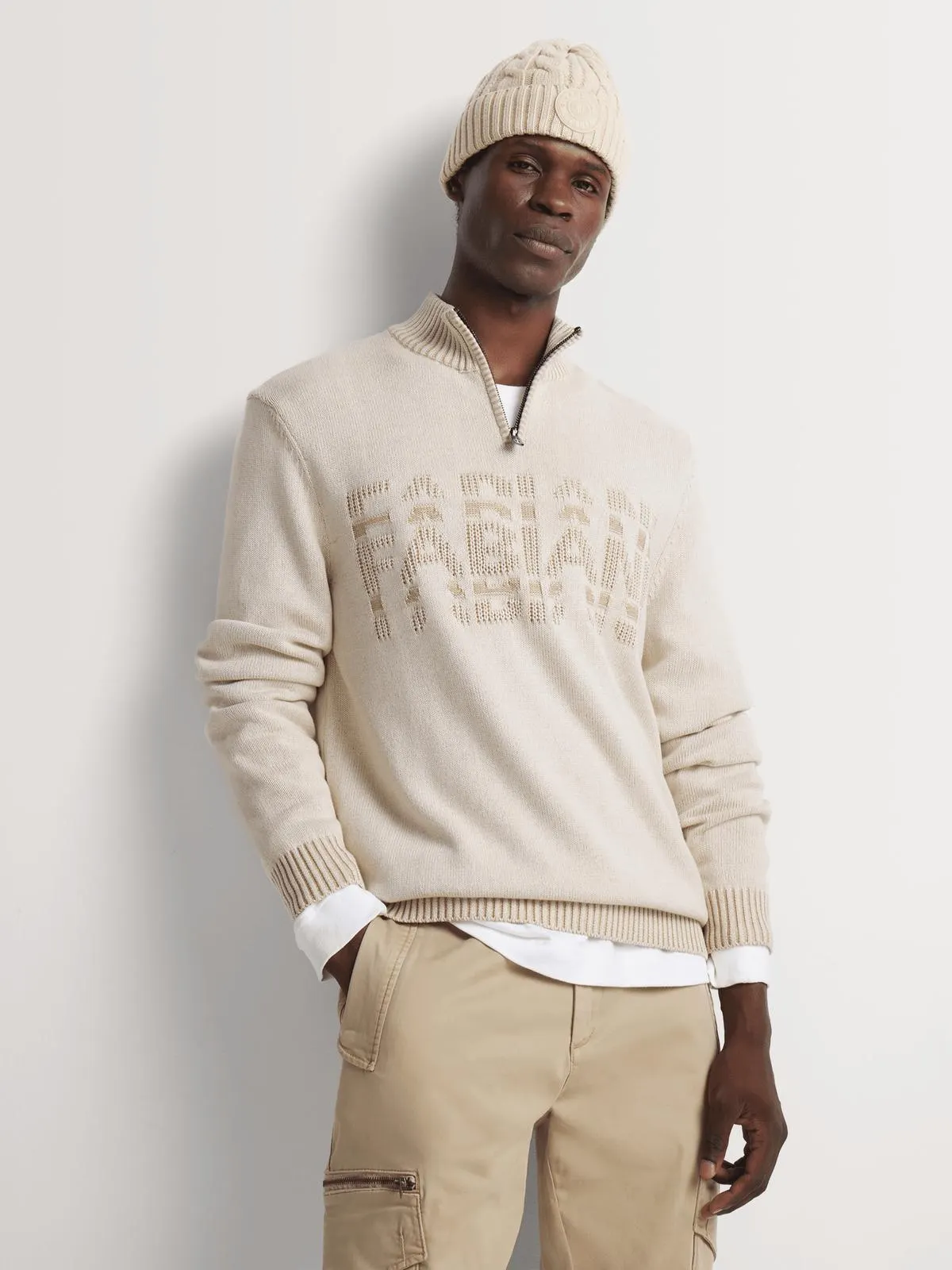 Fabiani Men's Natural 1/4 Zip Embossed Knitwear