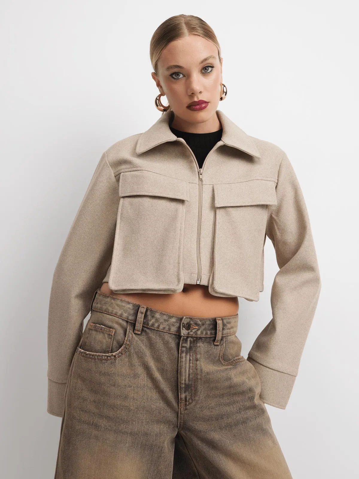 Women's Natural Cargo Cropped Shacket
