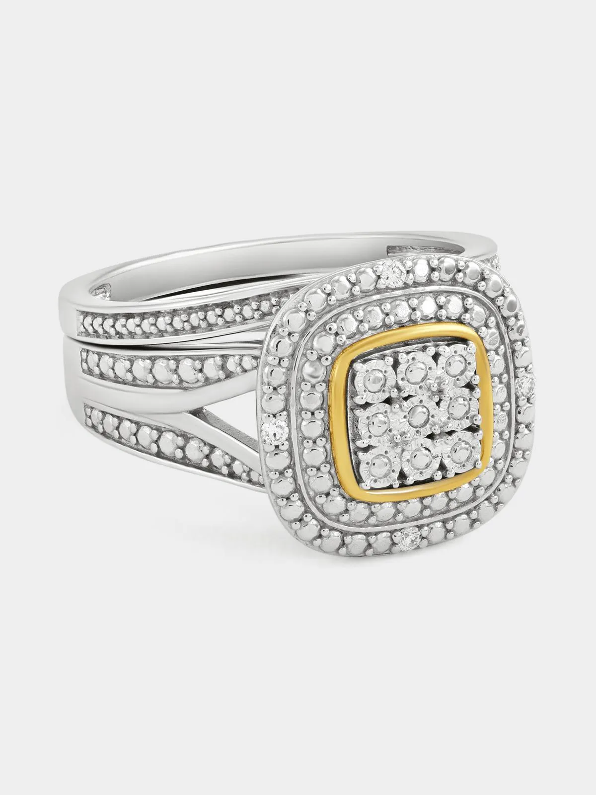 Yellow Gold & Sterling Silver Lab Grown Diamond Cushion Halo Twinset Ring