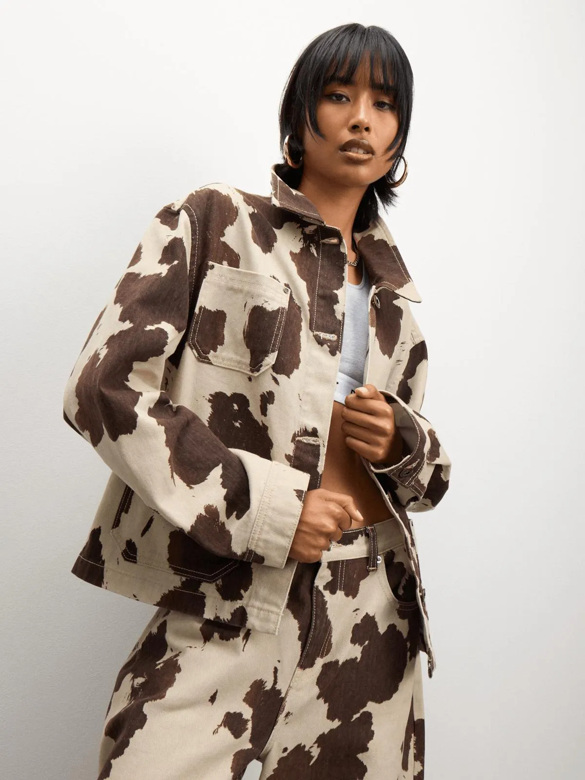 Redbat Women's Cow Print Denim Jacket