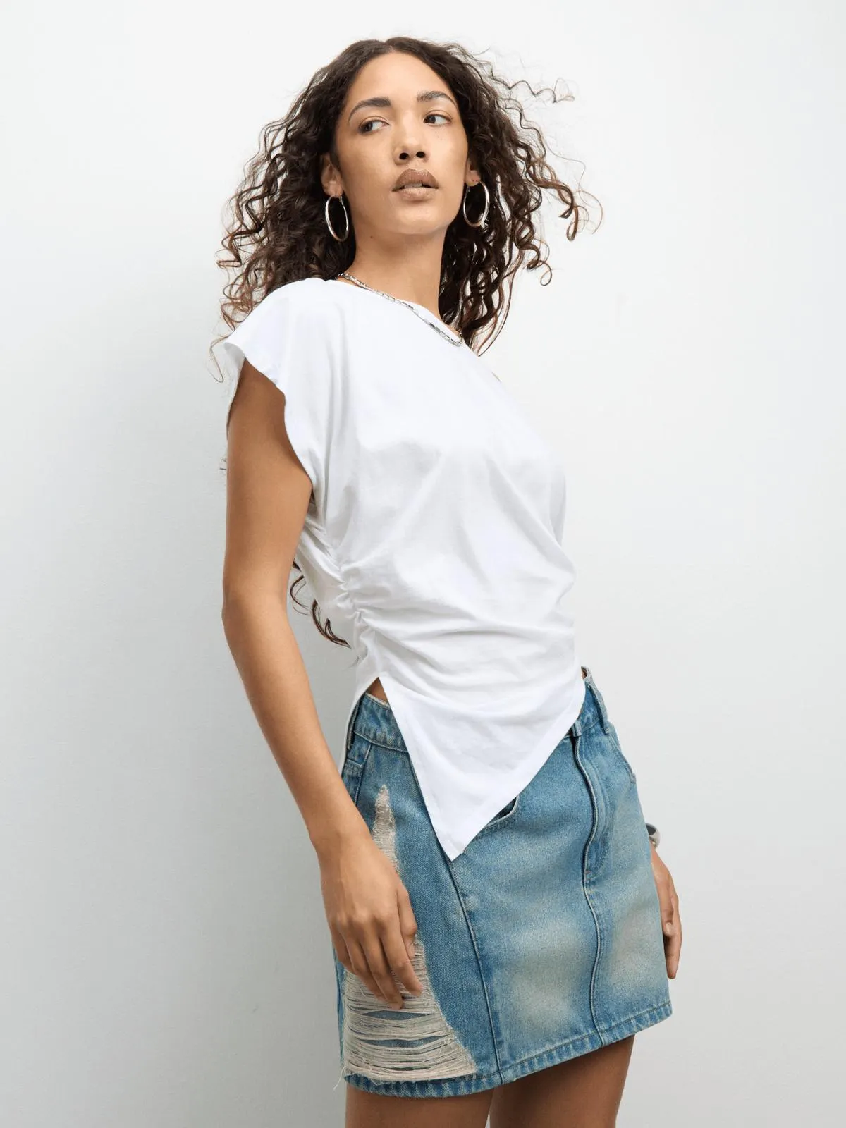 The FIX Women's White Cotton Off Shoulder Asym Top