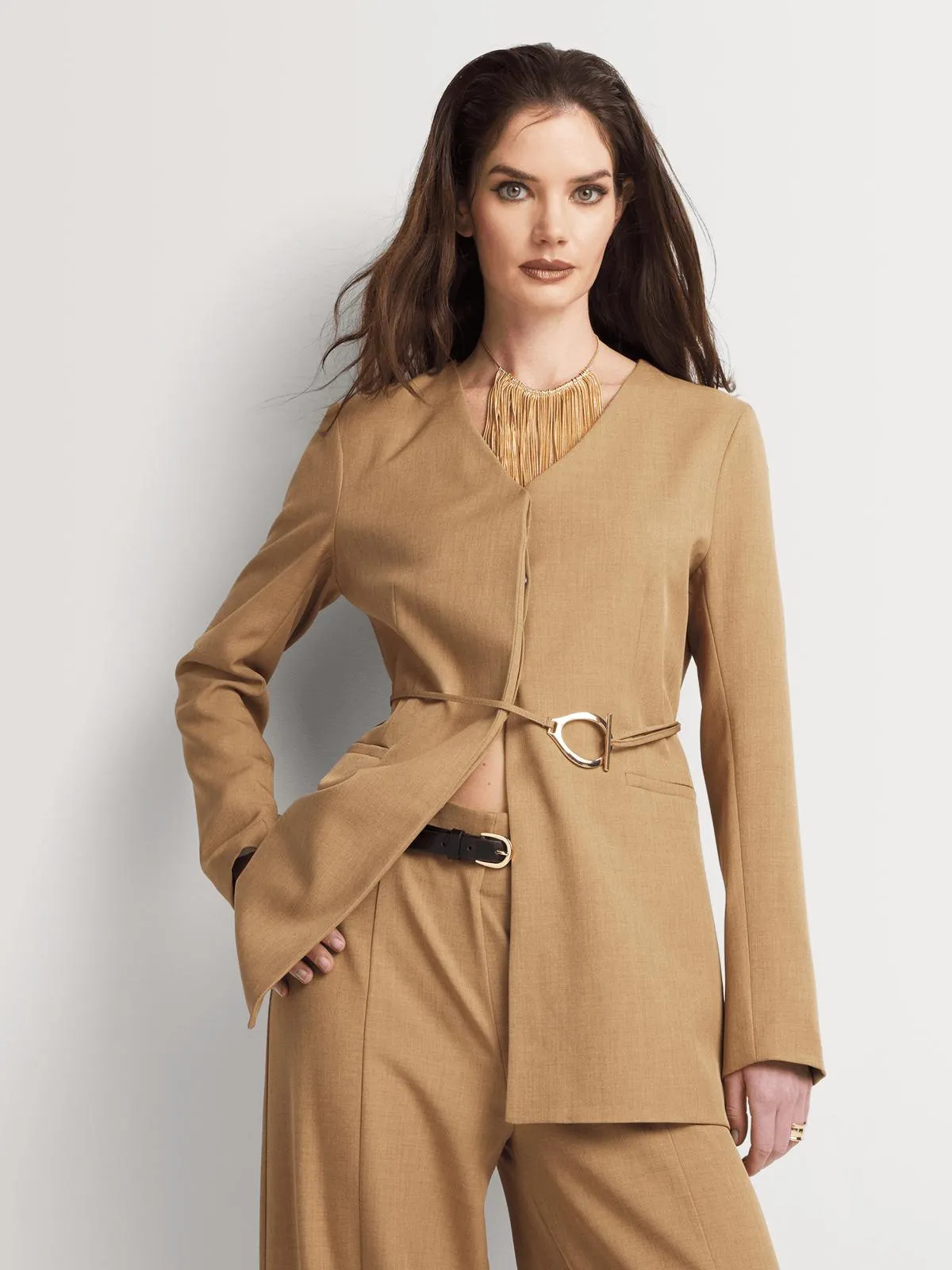 Concealed Placket Belted Blazer