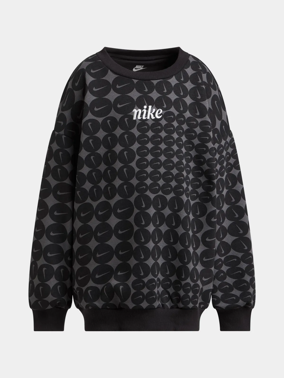 Nike Girls Kids Essentials All Over Print Black Crew Sweat Top
