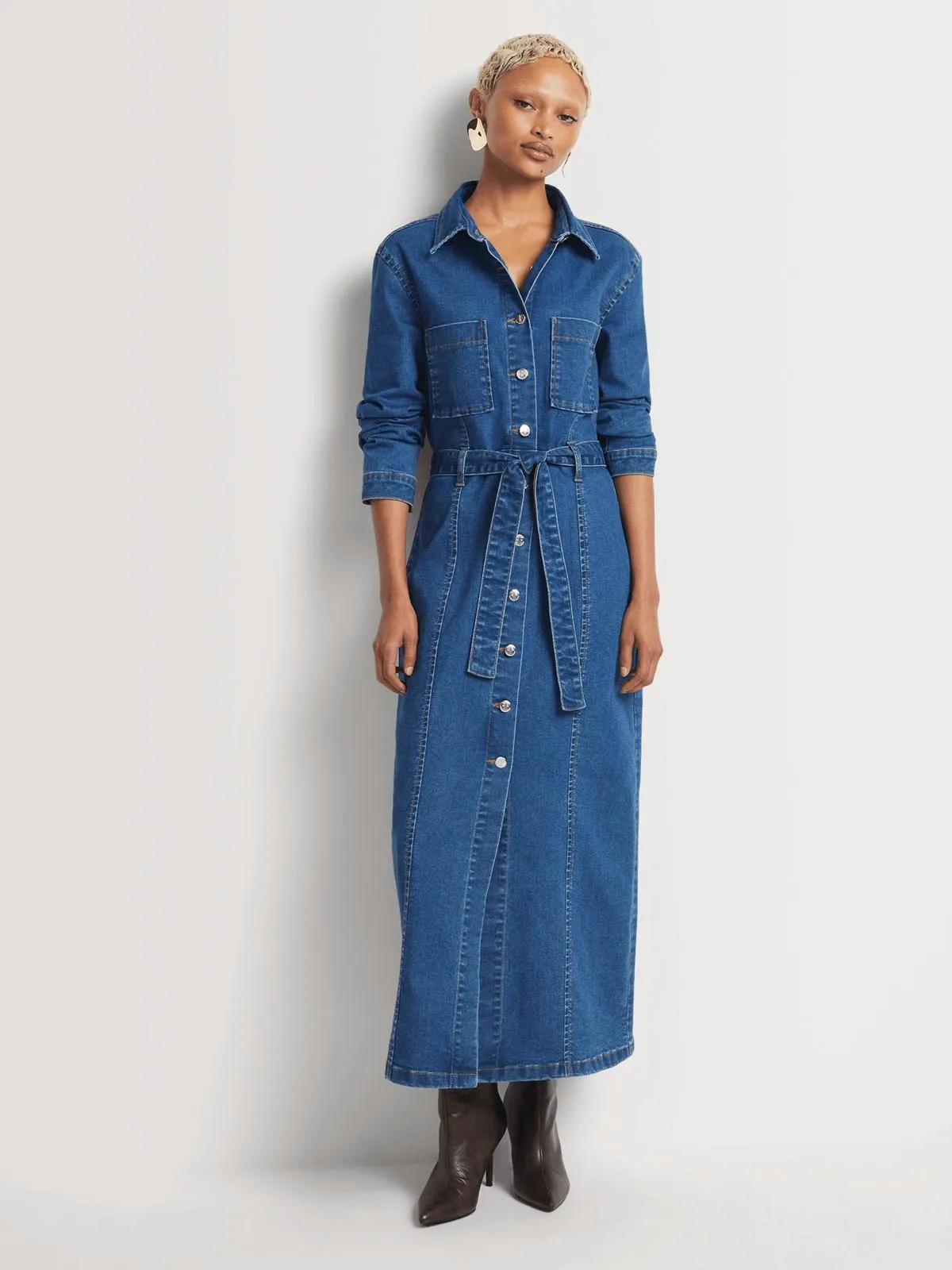 FF Denim Waist Tie Button Through Dress