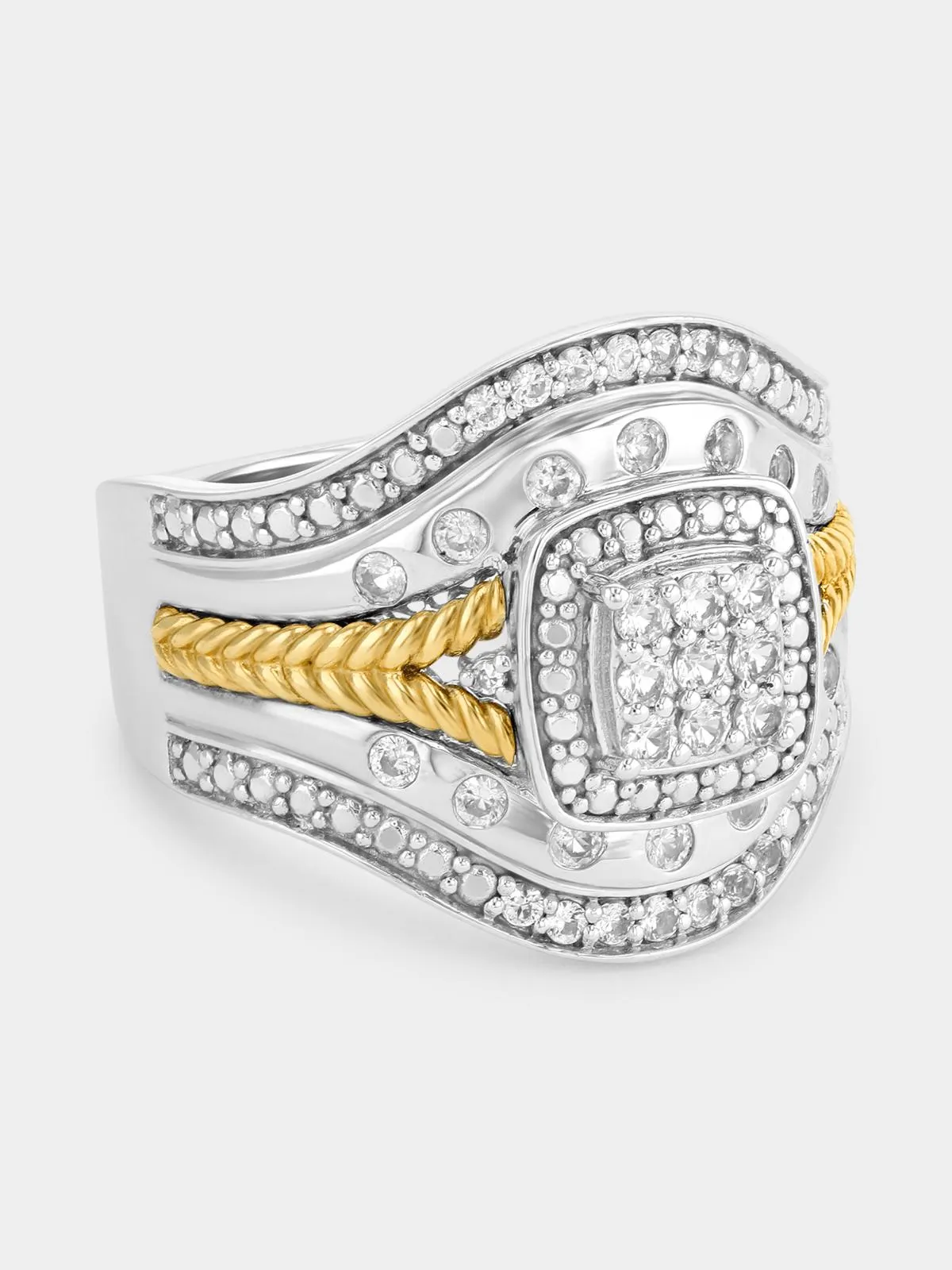 Yellow Gold & Sterling Silver White Sapphire Cushion Rope Ring