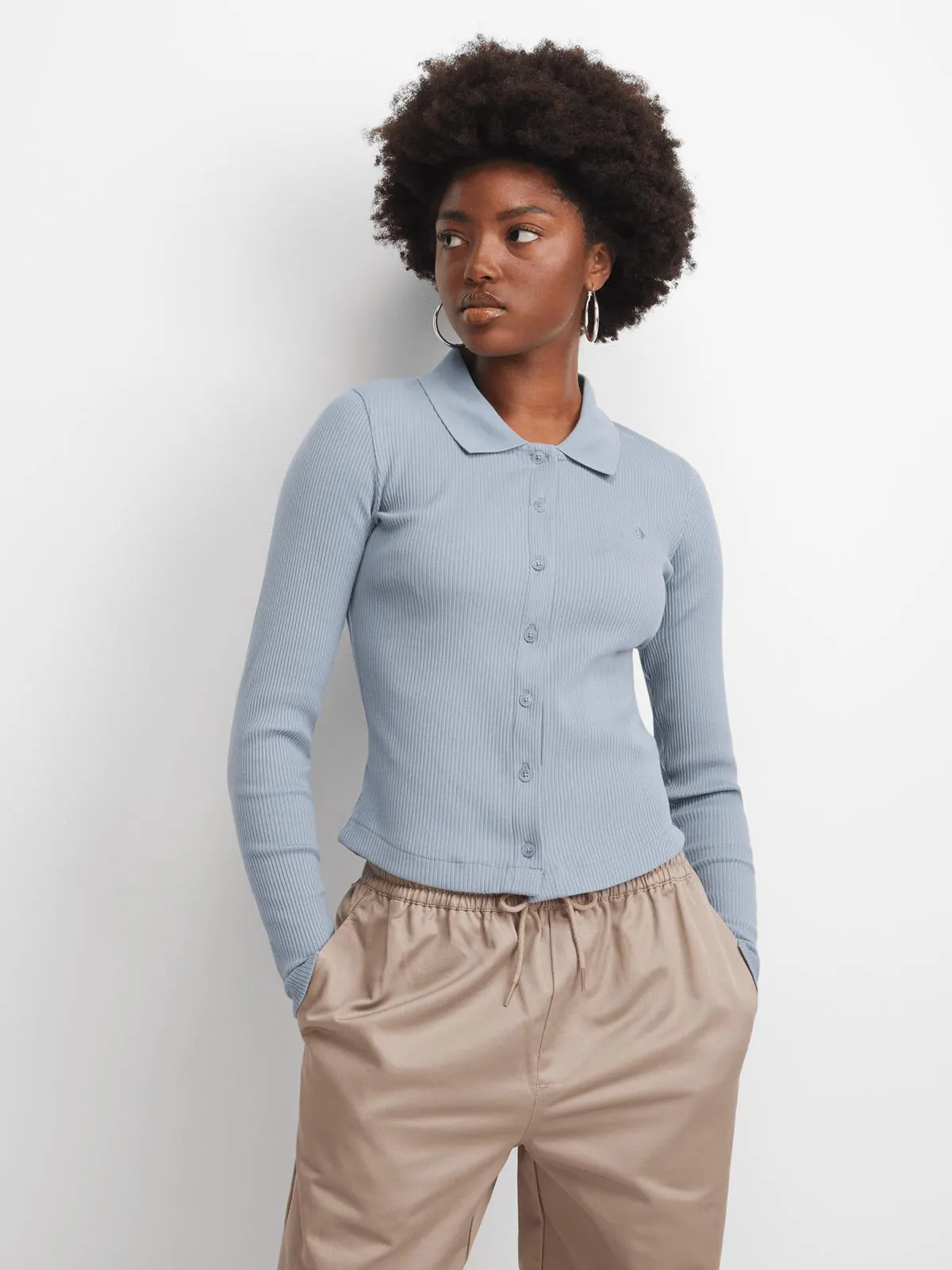 Converse Women's Ribbed Button-Up Blue Long-Sleeve Polo