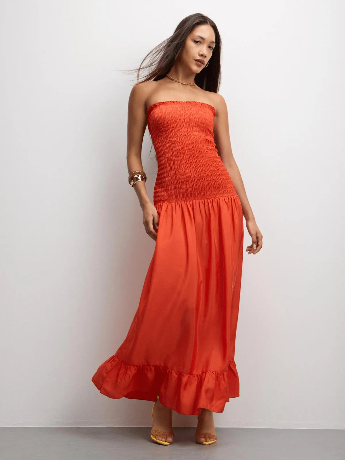 The FIX Women's Orange Polysilk Bandeau Ruched Dress