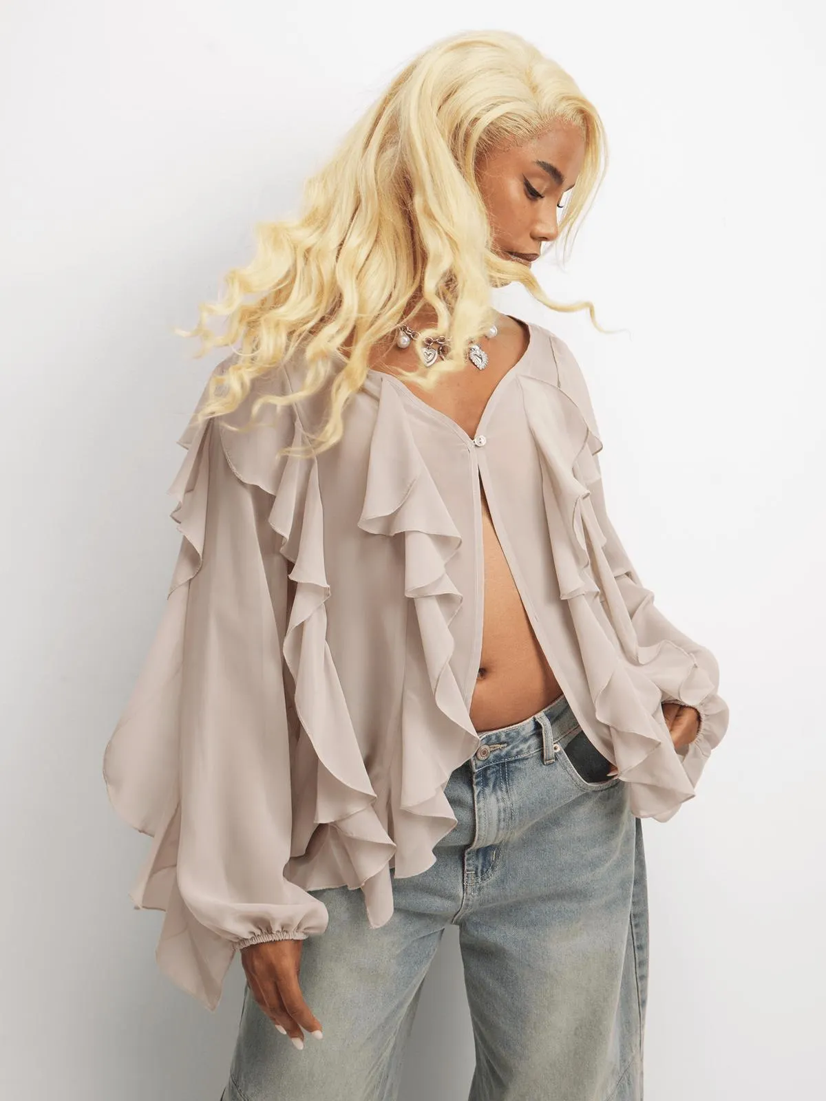 The FIX Women's Stone Chiffon Ruffle Blouse With Frills