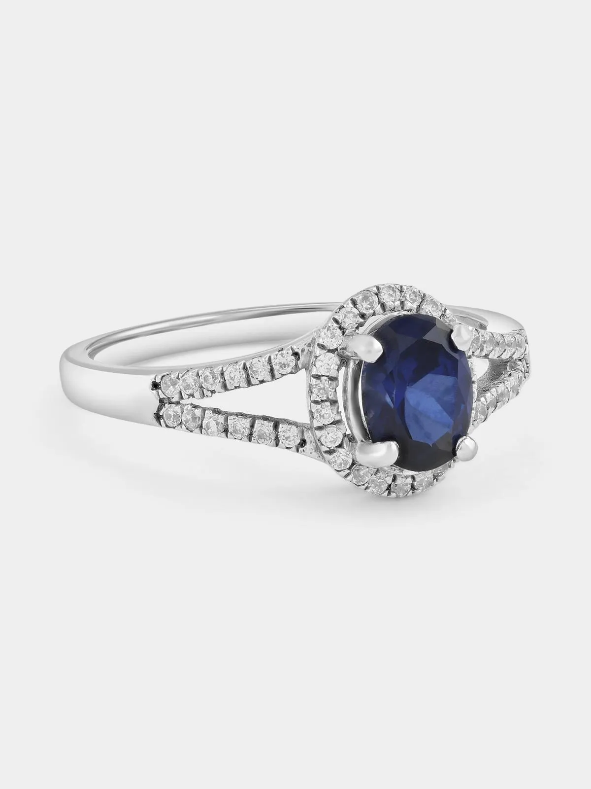 Sterling Silver Sapphire Blue Cubic Zirconia Oval Halo Ring