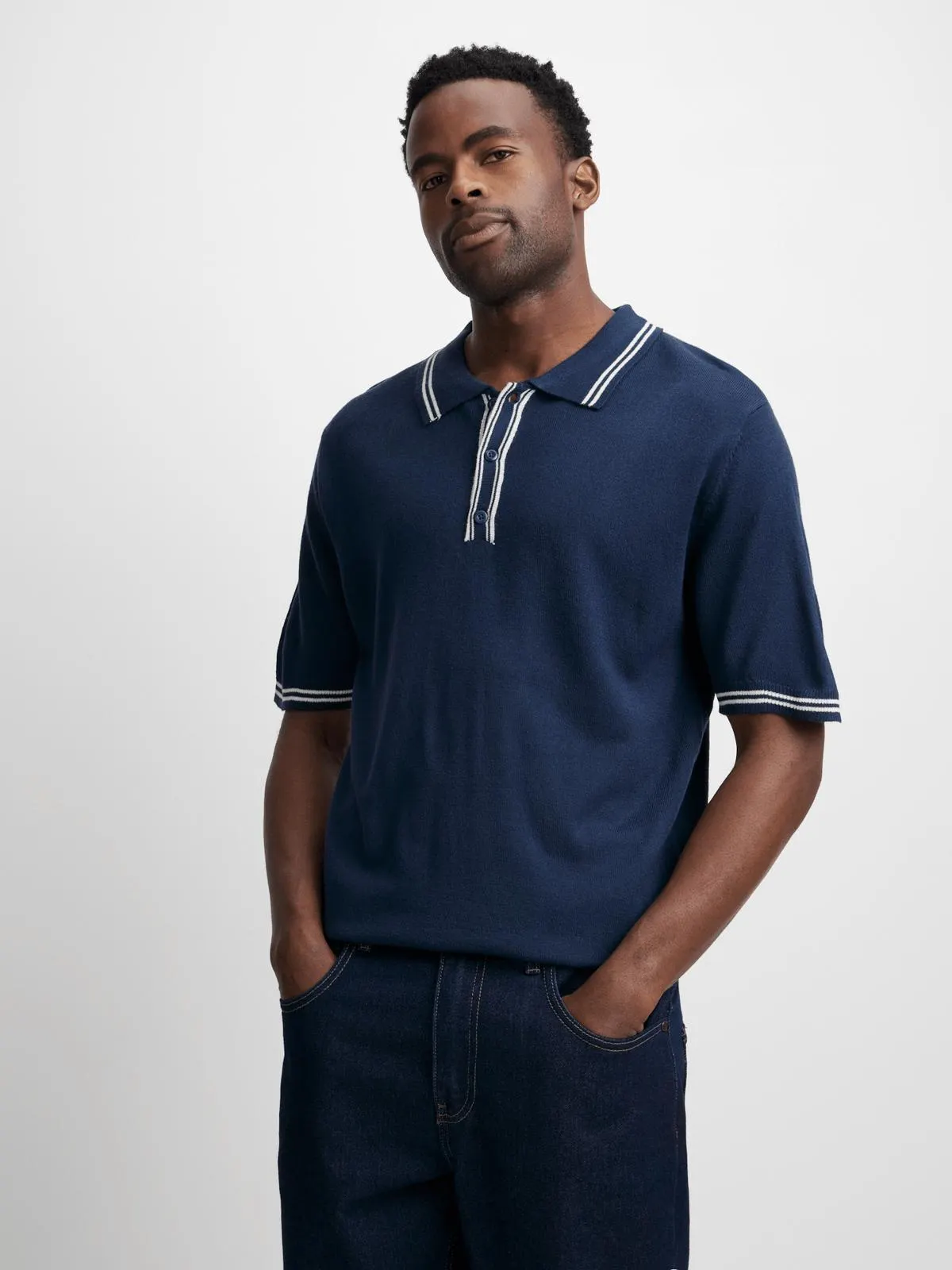 Jet Men's Navy Contrast Knitted Golfer