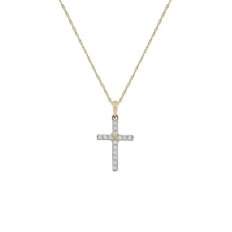 Yellow Gold & Sterling Silver, Cubic Zirconia Cross pendant on a chain