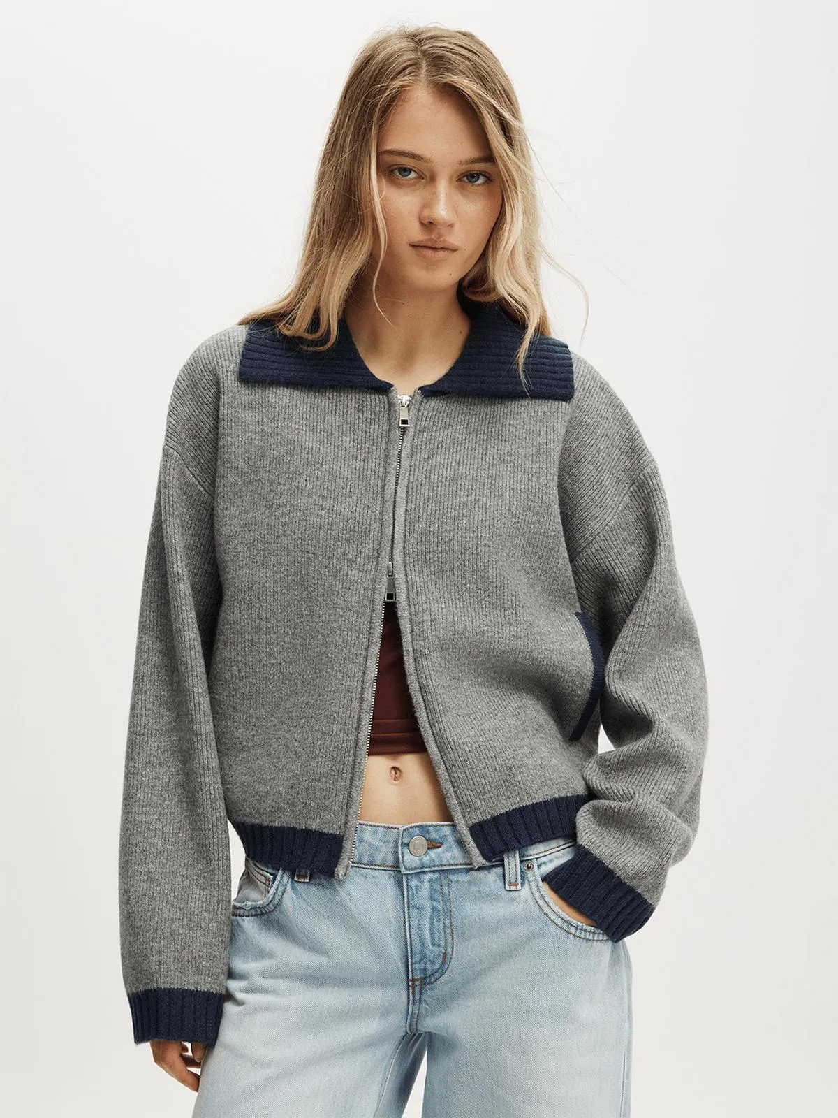 Women's Cotton On Grey Luxe Collar Zip Thru