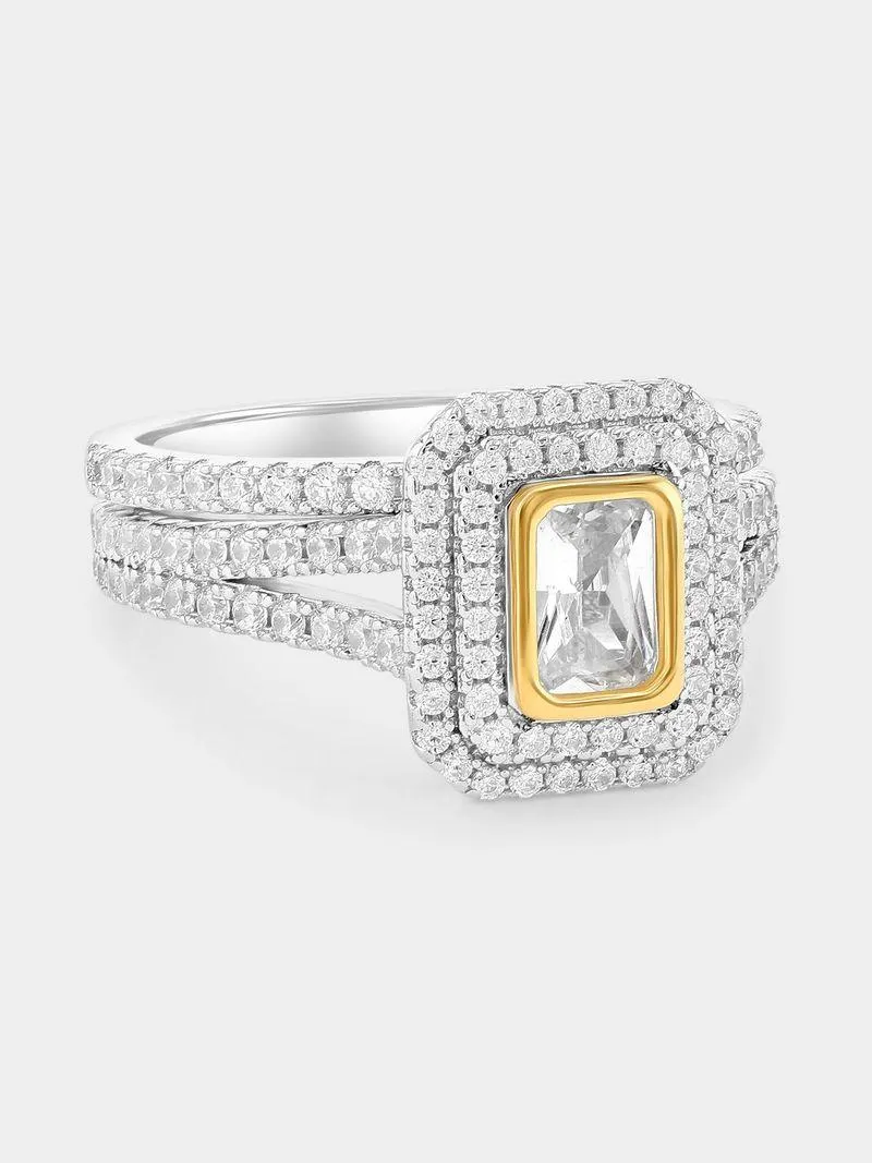 Yellow Gold & Sterling Silver Cubic Zirconia Rectangle Halo Twinset Ring