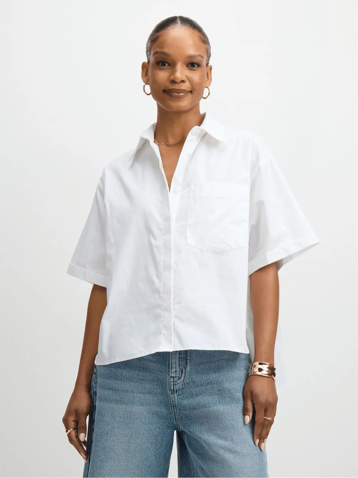 Jet Women's Short Sleeve Boxy Poplin White Shirt