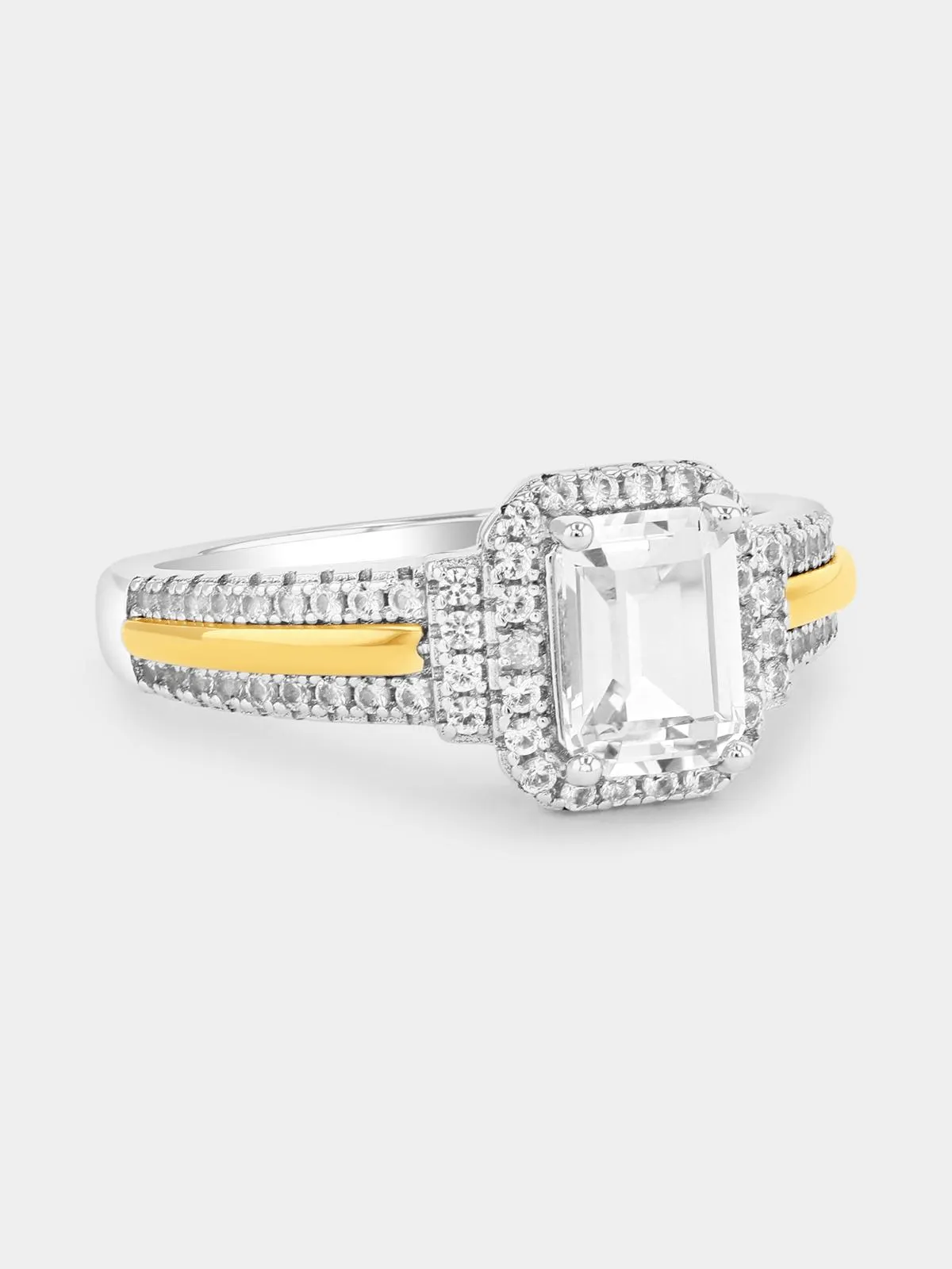 Yellow Gold & Sterling Silver White Sapphire Rectangle Halo Ring