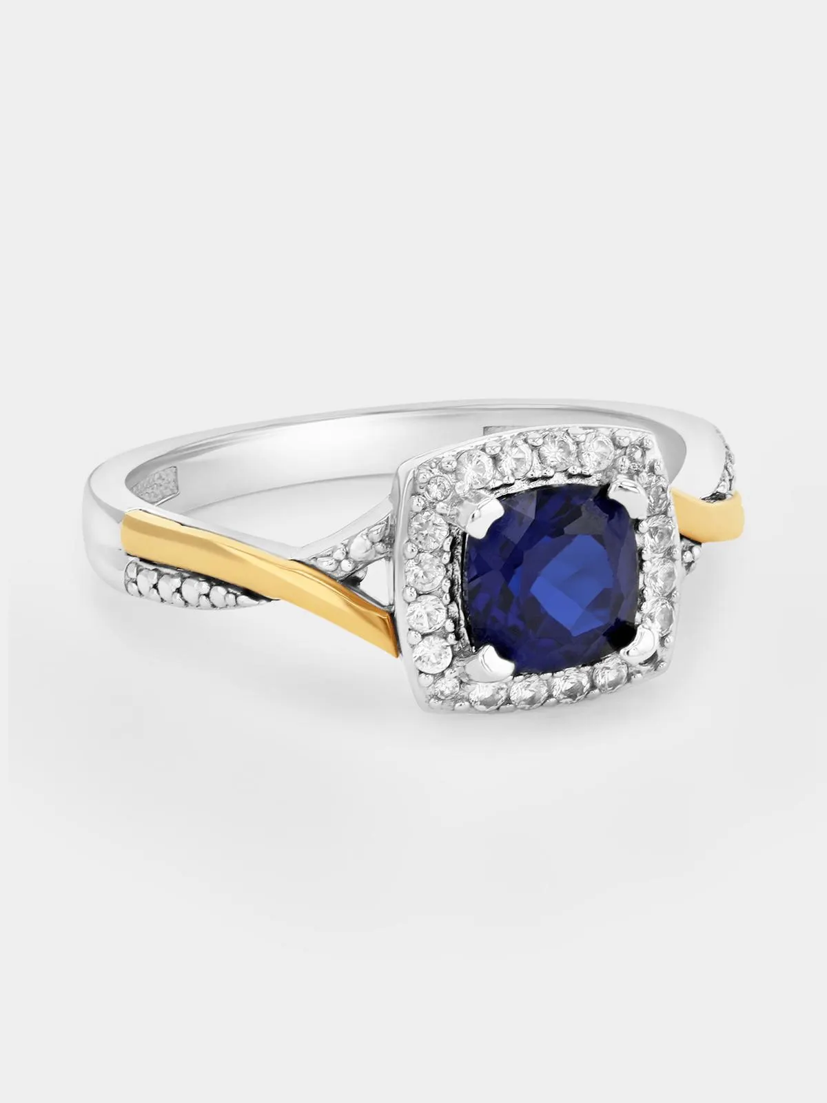 Yellow Gold & Sterling Silver Blue Sapphire Cushion Halo Ring