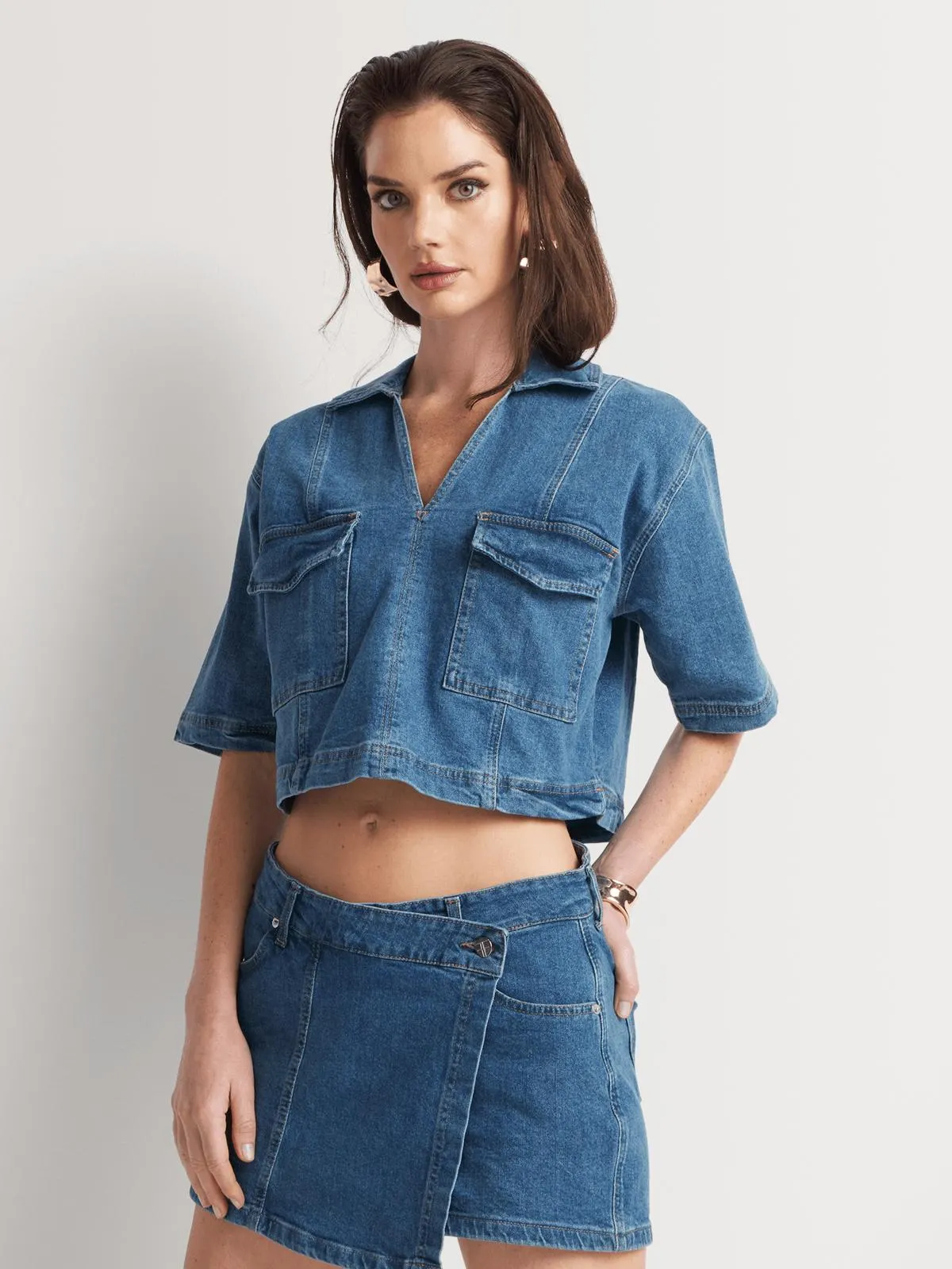 FF Denim V-Neck Collar Short Sleeve Top