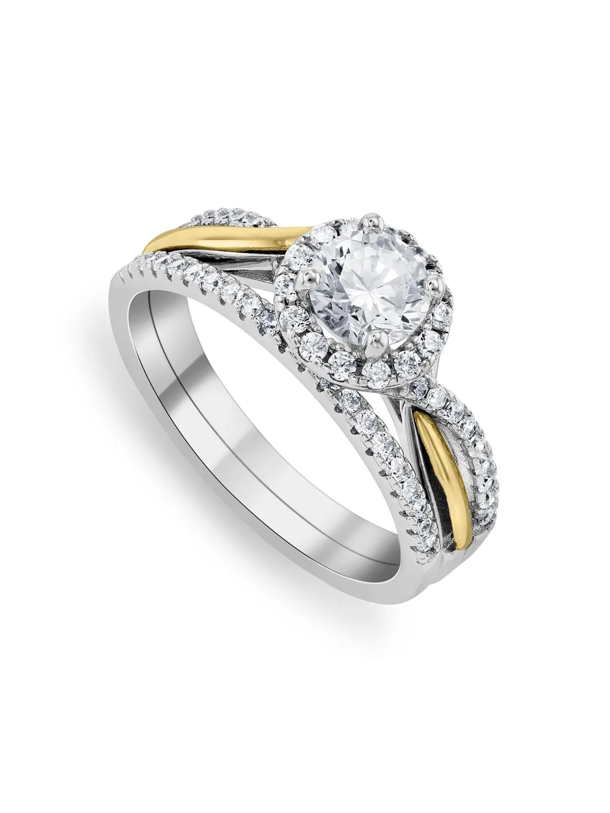 Sterling Silver & Yellow Gold Cubic Zirconia Twist Halo Cubic Zirconia Twinset Ring
