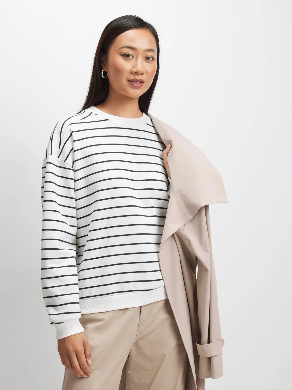 Exact Women's White & Green Striped Sweat Top