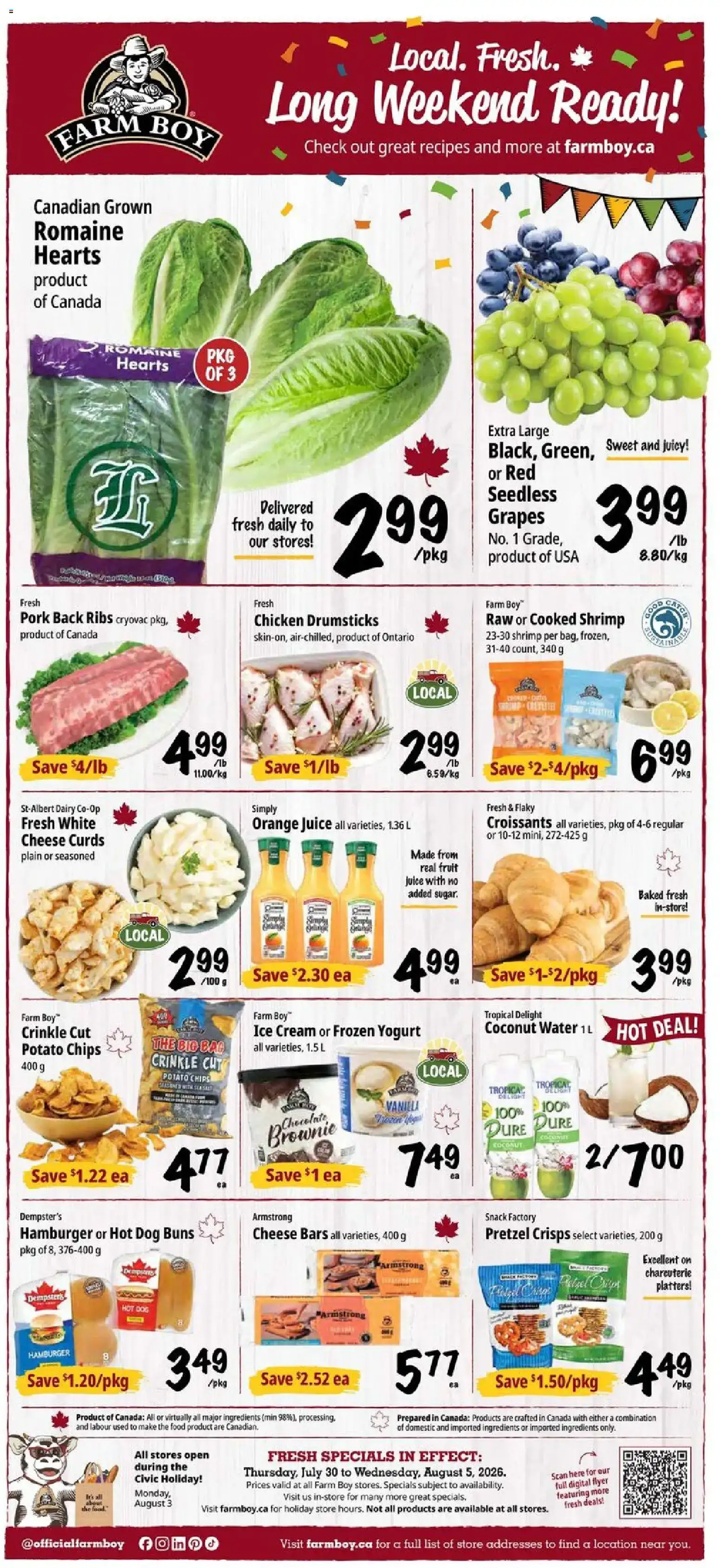 Farm Boy: Local. Fresh. Long Weekend Ready! Especiales vigentes del 30 de julio al 5 de agosto de 2026.