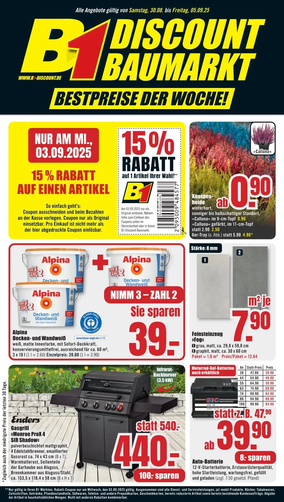 B1 Discount Baumarkt Prospekte von 30. August bis 9. September 2025 - Prospekt seite 1